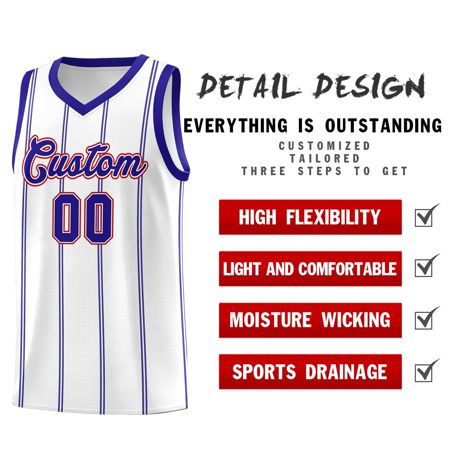 Custom White Royal Blue Red Vertical Stripes Single Sided Sets Basketball Jersey | For Men,Stitched,Perfect for Training,Add Name and Numbern | KXKSHOP