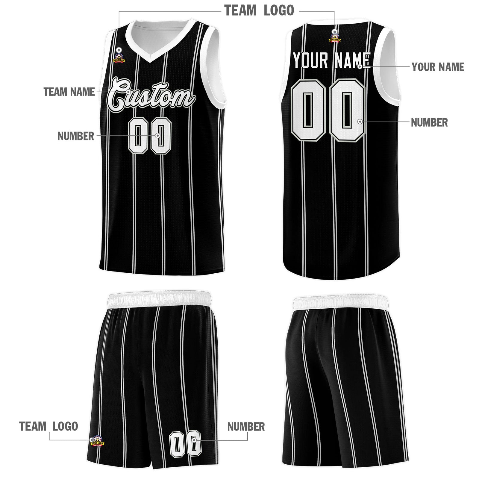 Custom Black White Gray Vertical Stripes Single Sided Sets Basketball Jersey | For Men,Stitched,Perfect for Training,Add Name and Numbern | KXKSHOP