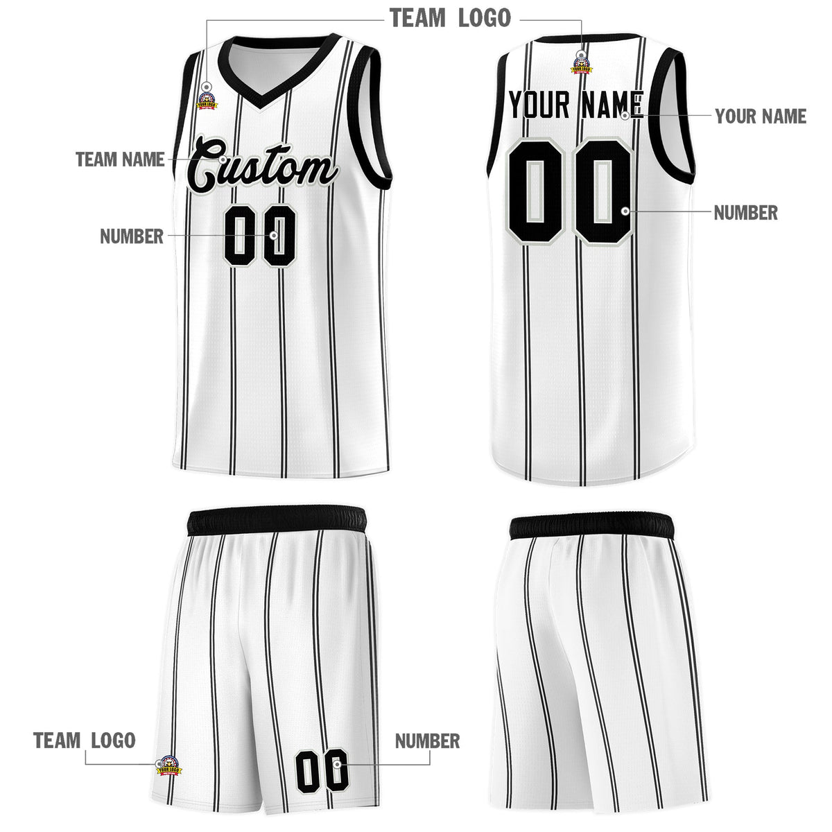 Custom White Black Gray Vertical Stripes Single Sided Sets Basketball Jersey | For Men,Stitched,Perfect for Training,Add Name and Numbern | KXKSHOP