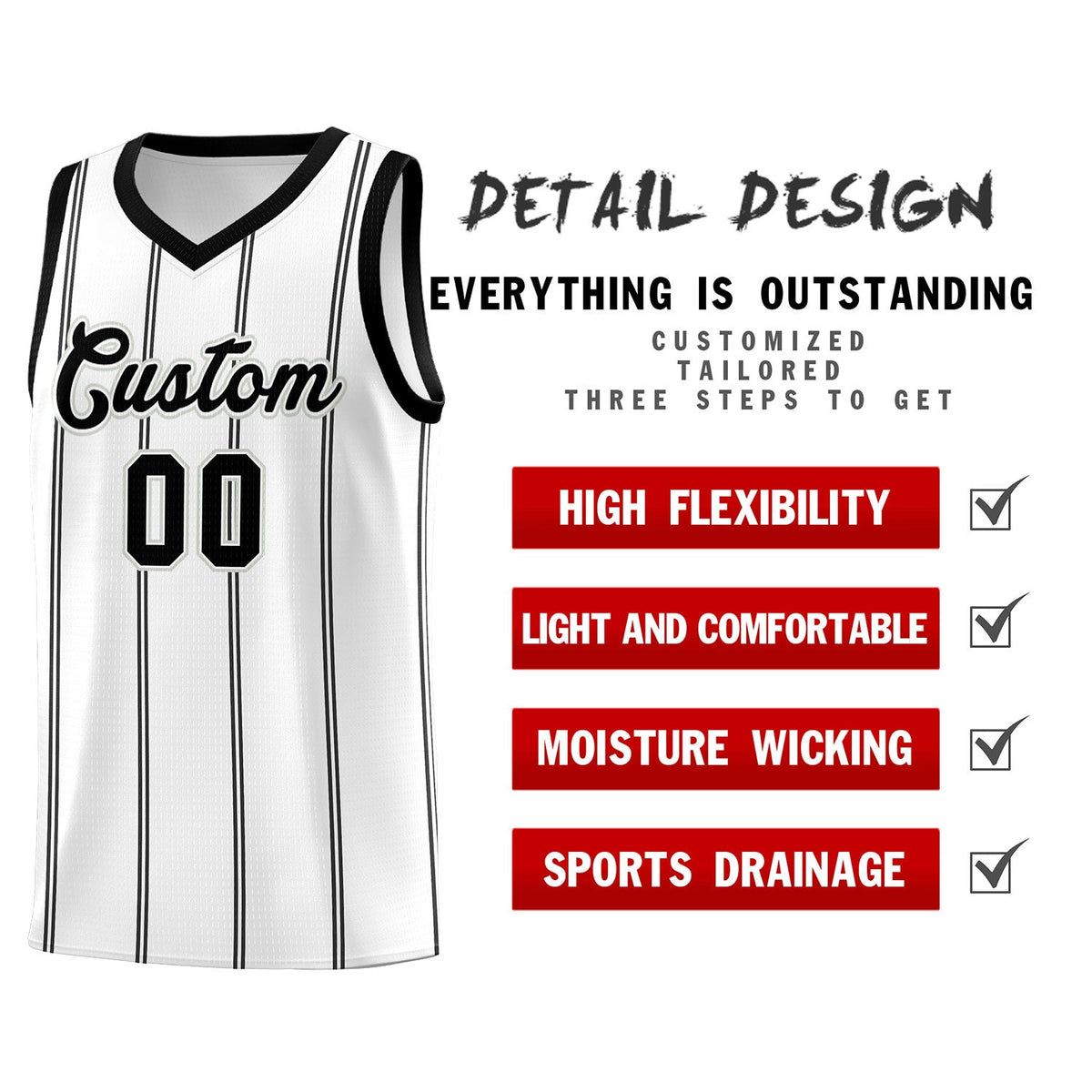 Custom White Black Gray Vertical Stripes Single Sided Sets Basketball Jersey | For Men,Stitched,Perfect for Training,Add Name and Numbern | KXKSHOP