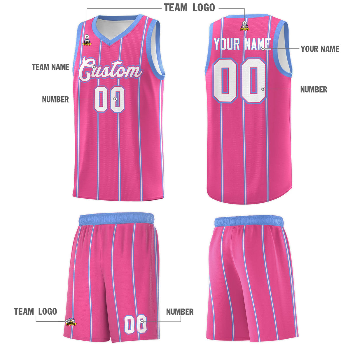 Custom Pink Light Blue White Vertical Stripes Single Sided Sets Basketball Jersey | For Men,Stitched,Perfect for Training,Add Name and Numbern | KXKSHOP