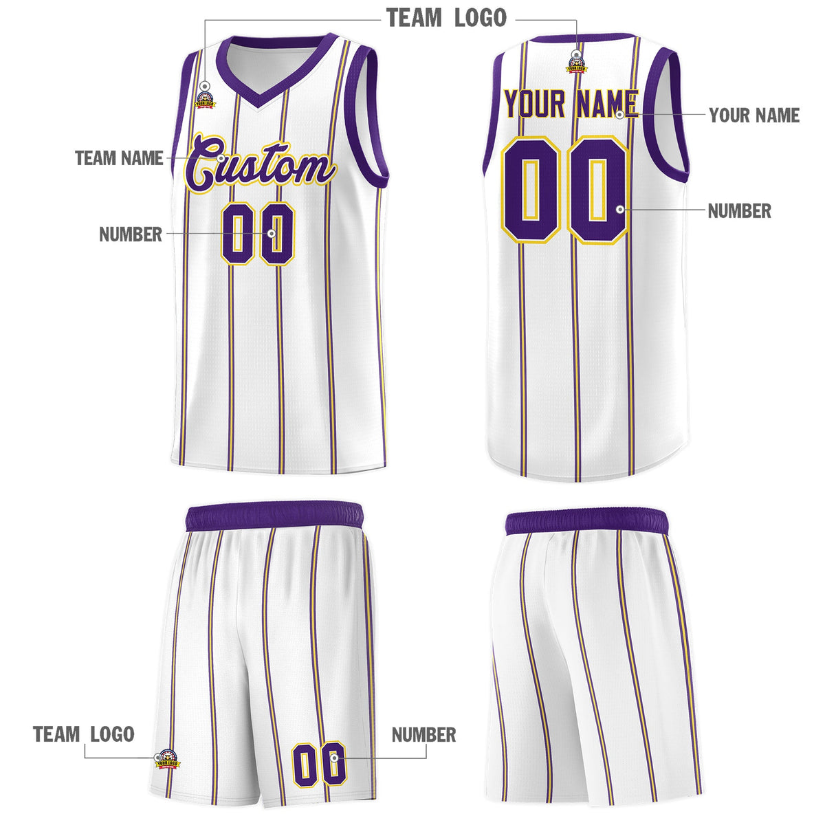 Custom White Purple Gold Vertical Stripes Single Sided Sets Basketball Jersey | For Men,Stitched,Perfect for Training,Add Name and Numbern | KXKSHOP