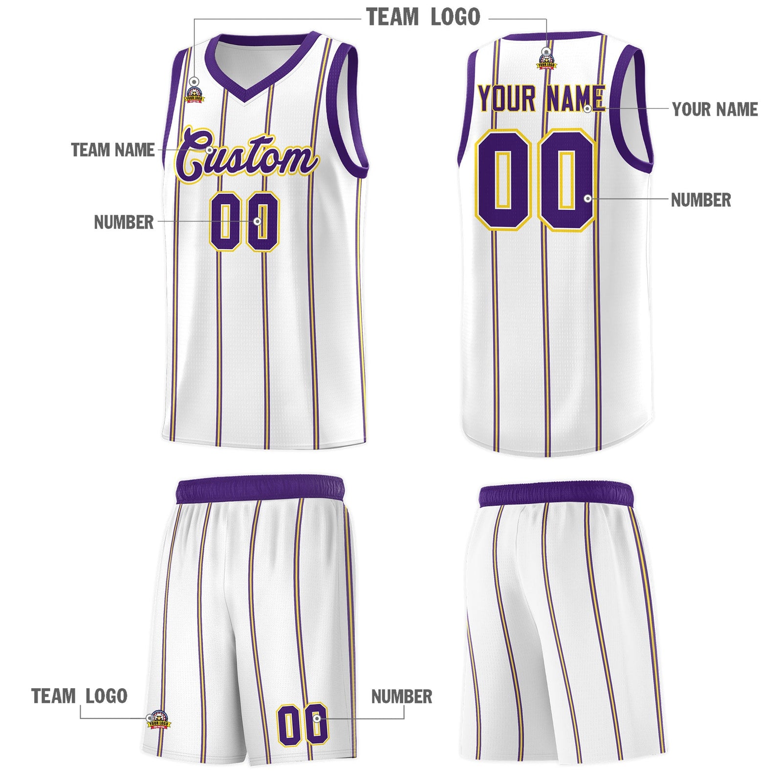 Custom White Purple Gold Vertical Stripes Single Sided Sets Basketball Jersey | For Men,Stitched,Perfect for Training,Add Name and Numbern | KXKSHOP