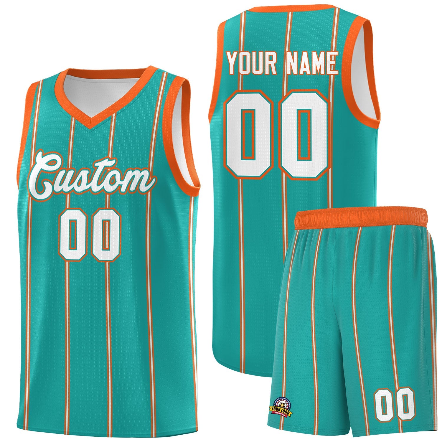 Custom Aqua Orange White Vertical Stripes Single Sided Sets Basketball Jersey | For Men,Stitched,Perfect for Training,Add Name and Numbern | KXKSHOP