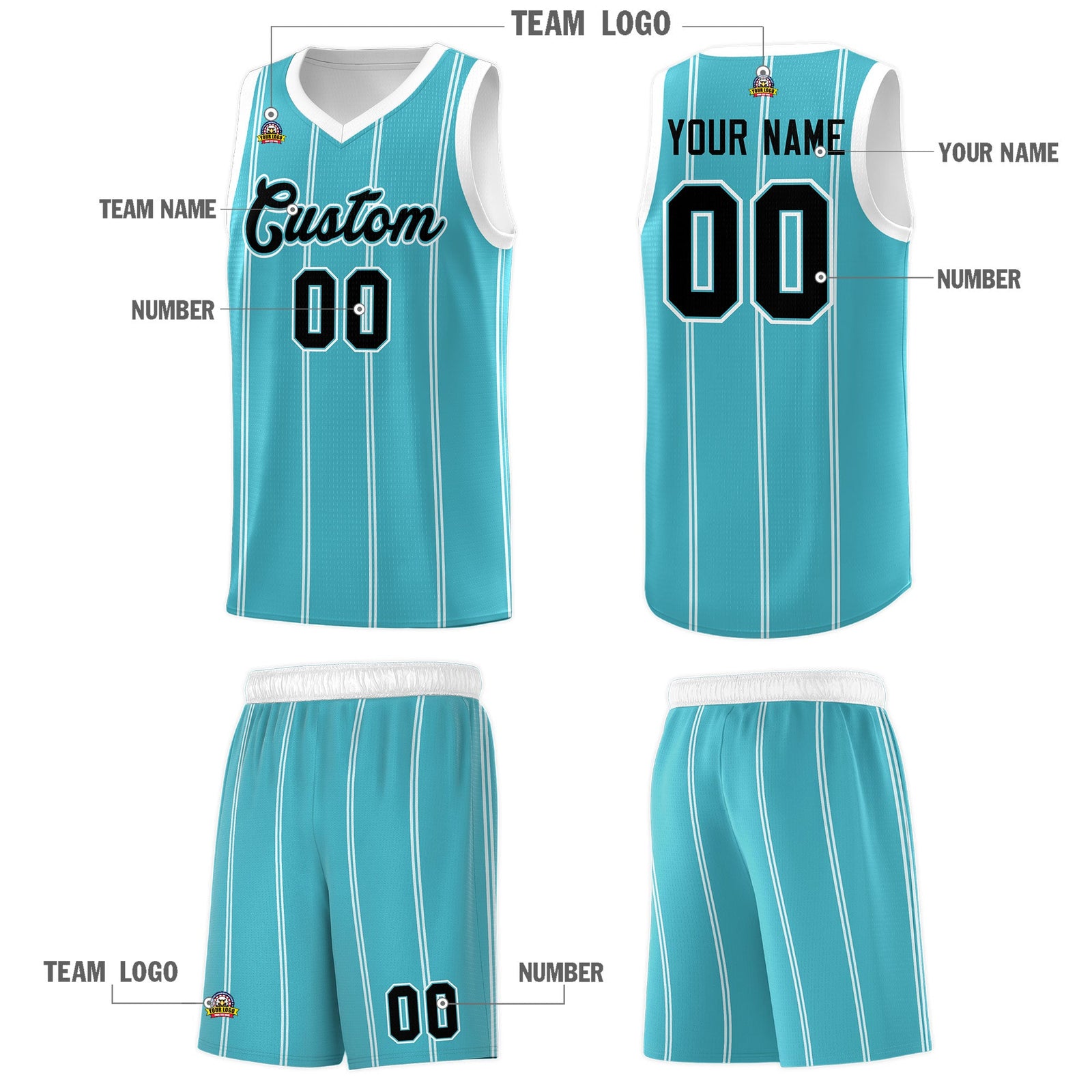 Custom Sky Blue White Black Vertical Stripes Single Sided Sets Basketball Jersey | For Men,Stitched,Perfect for Training,Add Name and Numbern | KXKSHOP