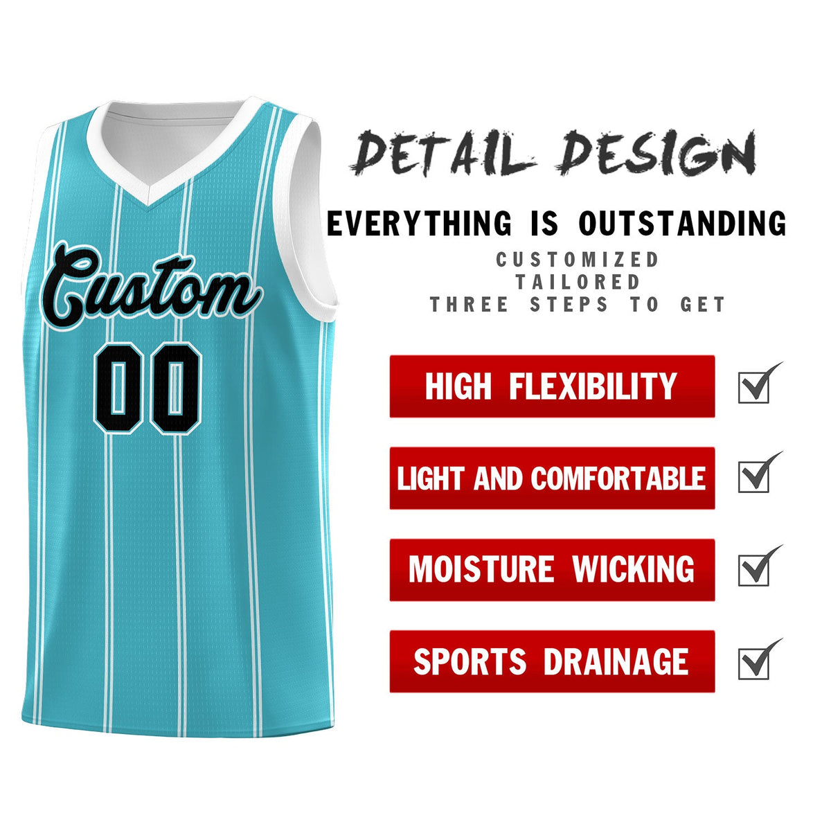 Custom Sky Blue White Black Vertical Stripes Single Sided Sets Basketball Jersey | For Men,Stitched,Perfect for Training,Add Name and Numbern | KXKSHOP