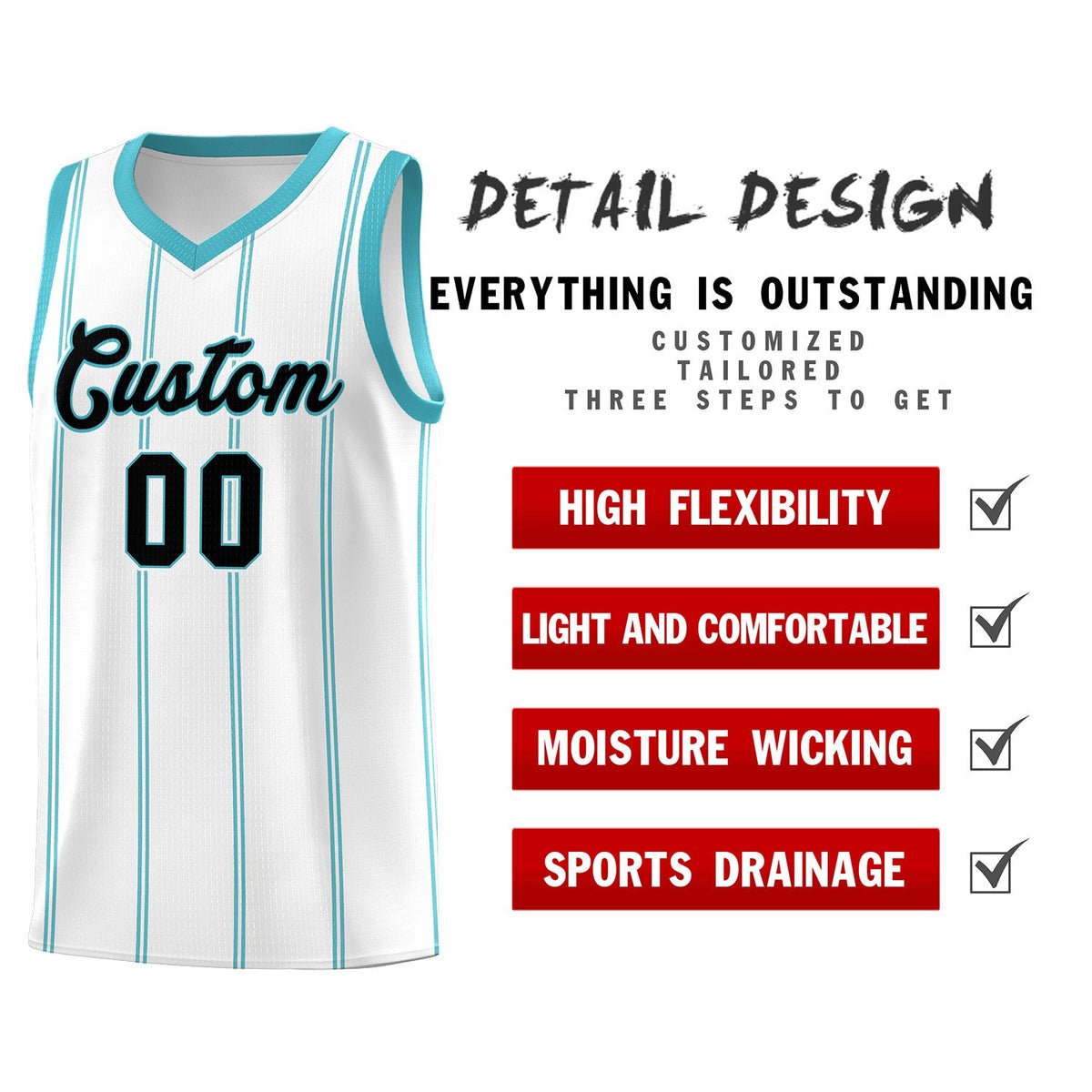 Custom White Sky Blue Black Vertical Stripes Single Sided Sets Basketball Jersey | For Men,Stitched,Perfect for Training,Add Name and Numbern | KXKSHOP