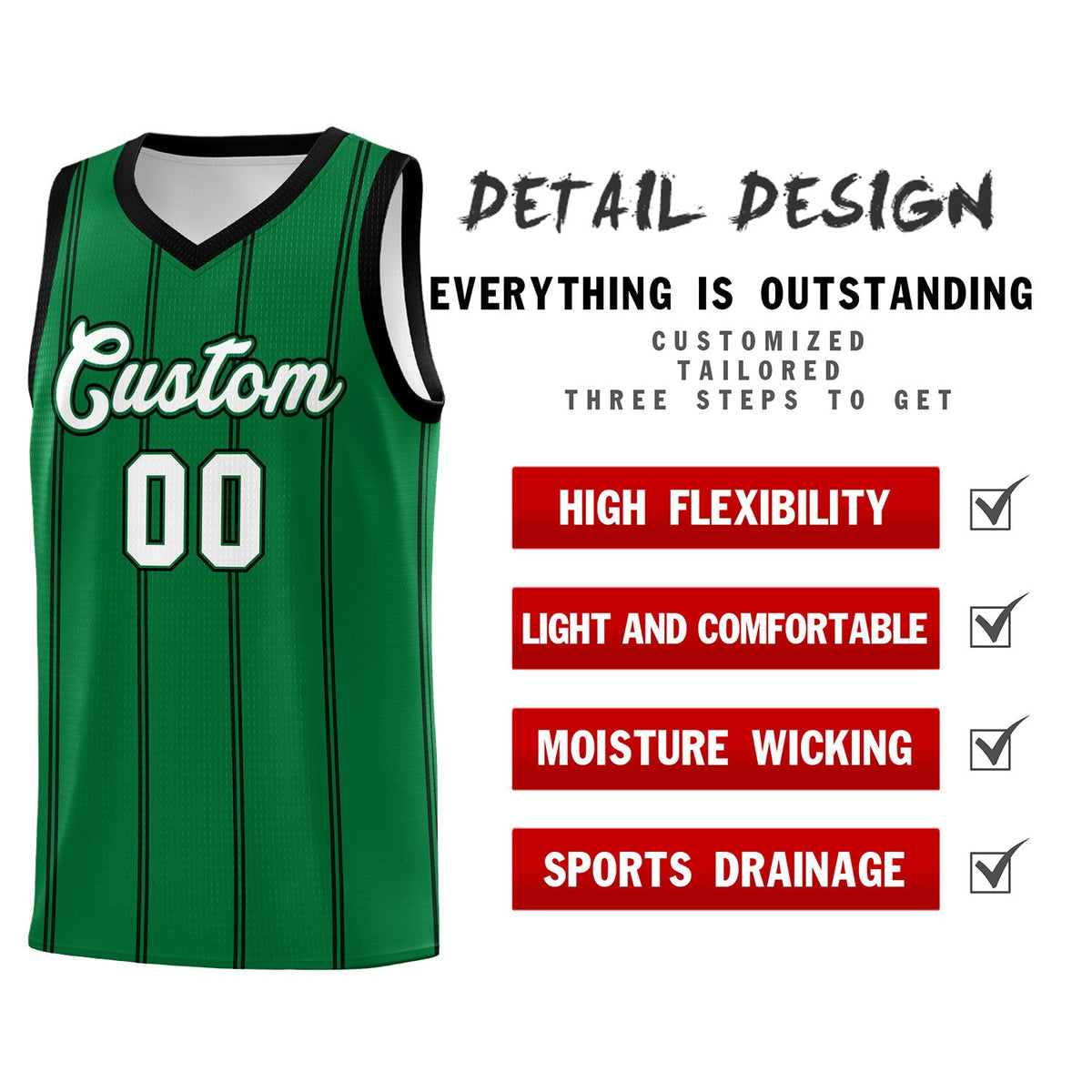 Custom Kelly Green Black White Vertical Stripes Single Sided Sets Basketball Jersey | For Men,Stitched,Perfect for Training,Add Name and Numbern | KXKSHOP