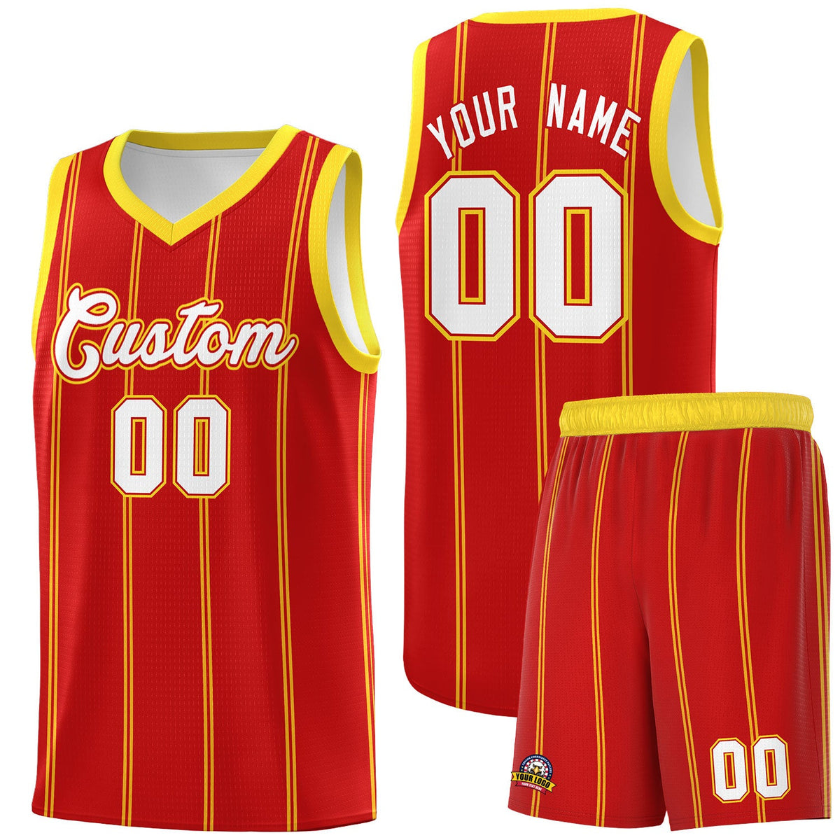 Custom Red Gold White Vertical Stripes Single Sided Sets Basketball Jersey | For Men,Stitched,Perfect for Training,Add Name and Numbern | KXKSHOP
