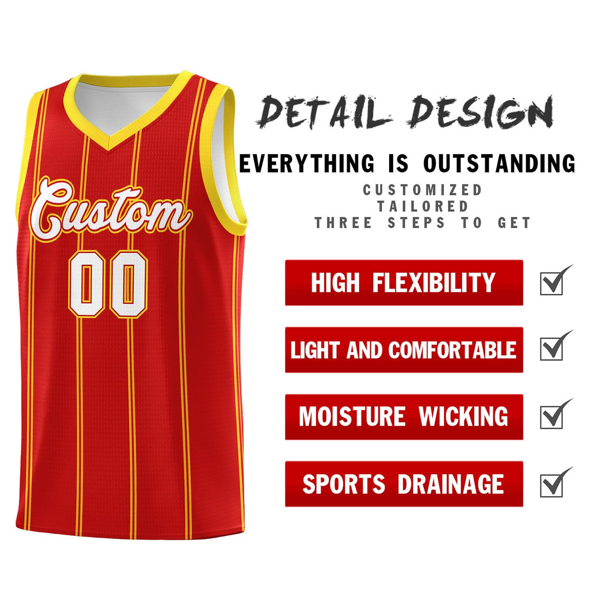 Custom Red Gold White Vertical Stripes Single Sided Sets Basketball Jersey | For Men,Stitched,Perfect for Training,Add Name and Numbern | KXKSHOP