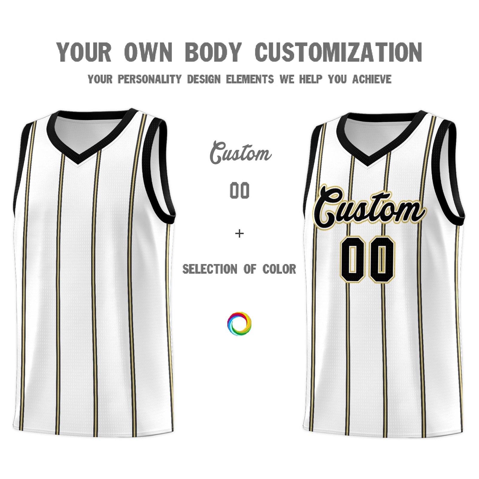 Custom White Black Old Gold Vertical Stripes Single Sided Sets Basketball Jersey | For Men,Stitched,Perfect for Training,Add Name and Numbern | KXKSHOP