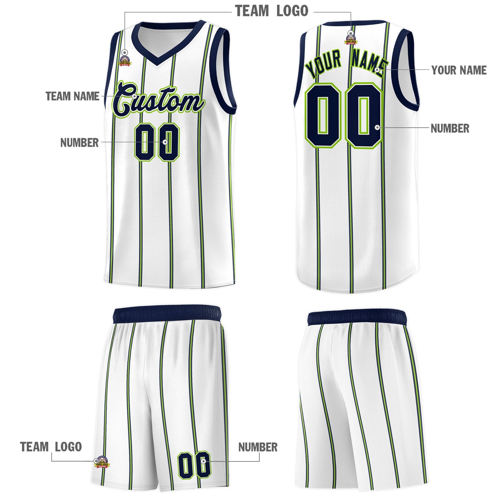 Custom White Navy Neon Green Vertical Stripes Single Sided Sets Basketball Jersey | For Men,Stitched,Perfect for Training,Add Name and Numbern | KXKSHOP