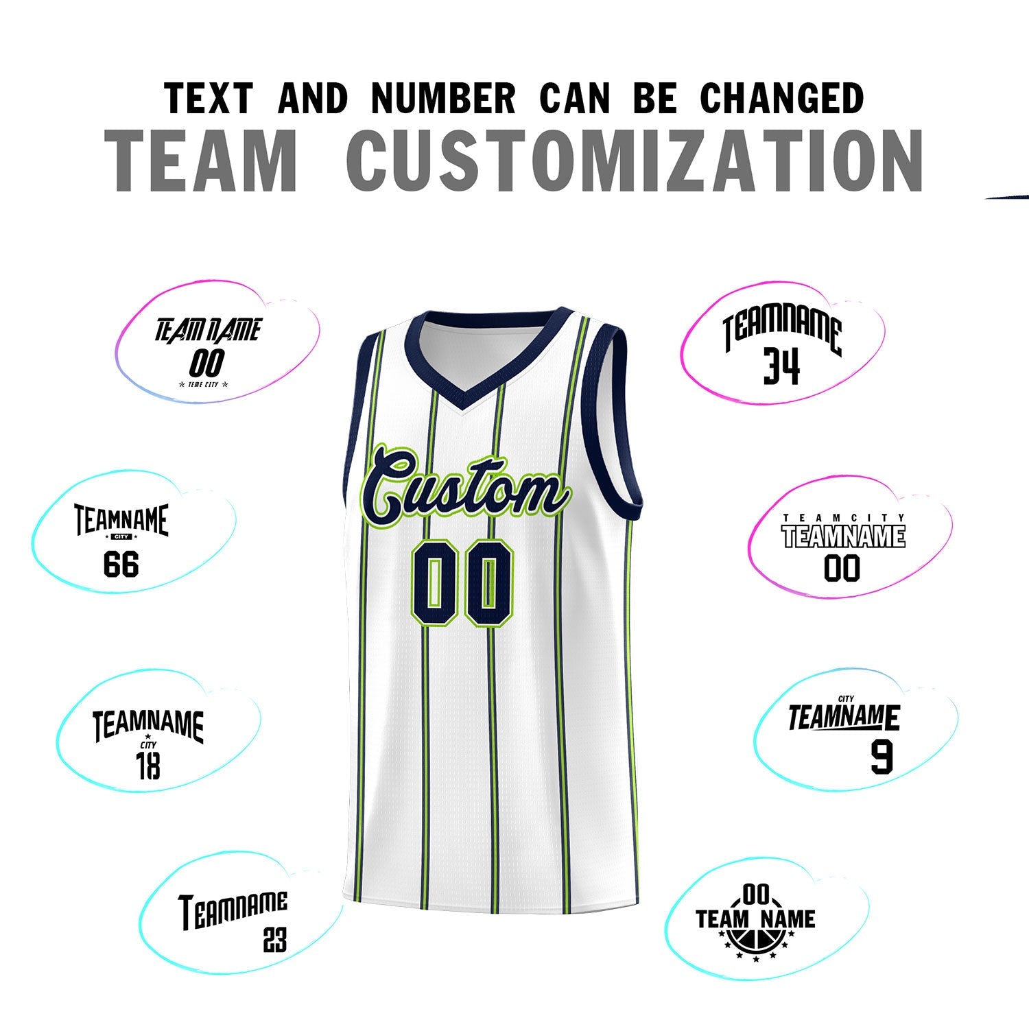 Custom White Navy Neon Green Vertical Stripes Single Sided Sets Basketball Jersey | For Men,Stitched,Perfect for Training,Add Name and Numbern | KXKSHOP