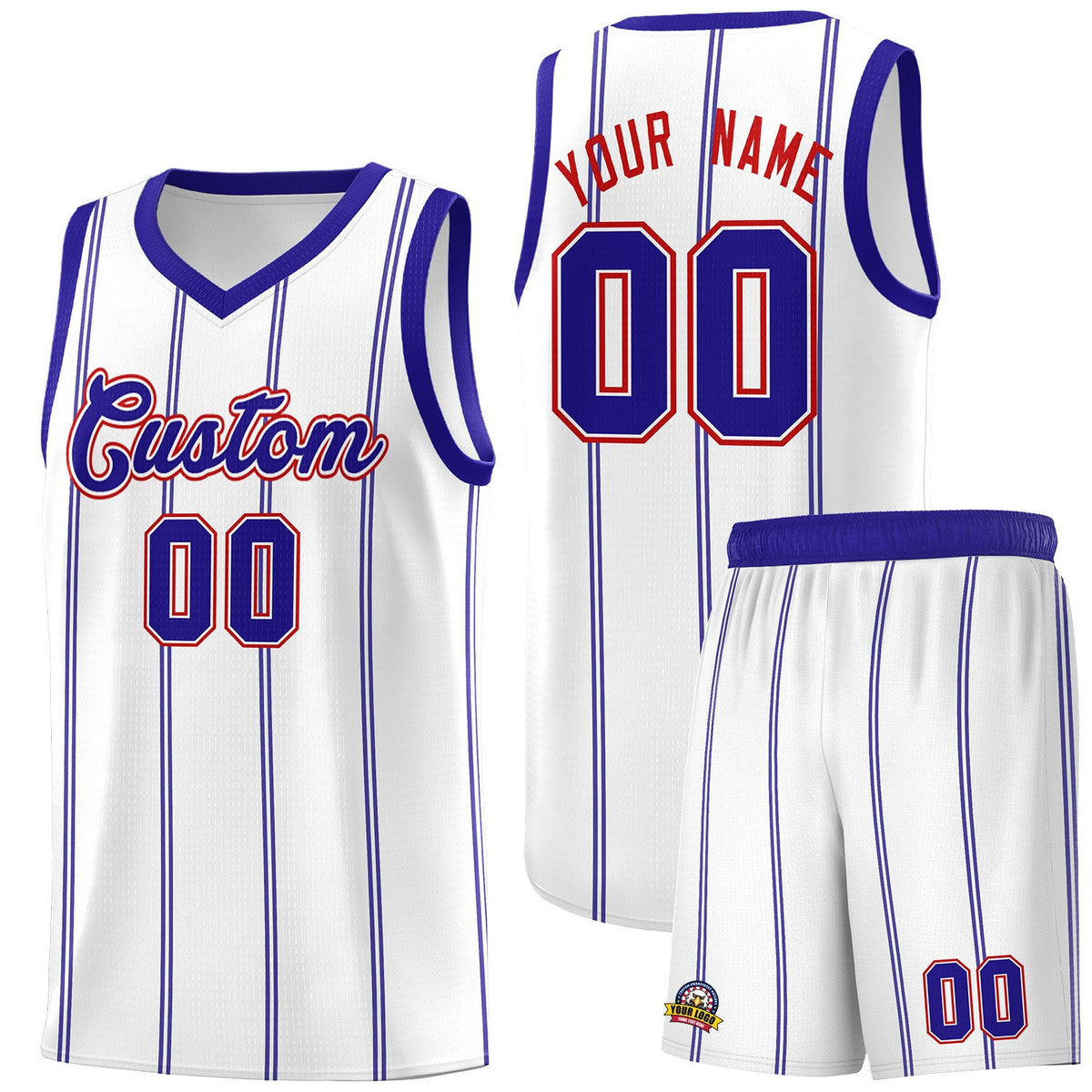 Custom White Royal Blue Red Vertical Stripes Single Sided Sets Basketball Jersey | For Men,Stitched,Perfect for Training,Add Name and Numbern | KXKSHOP