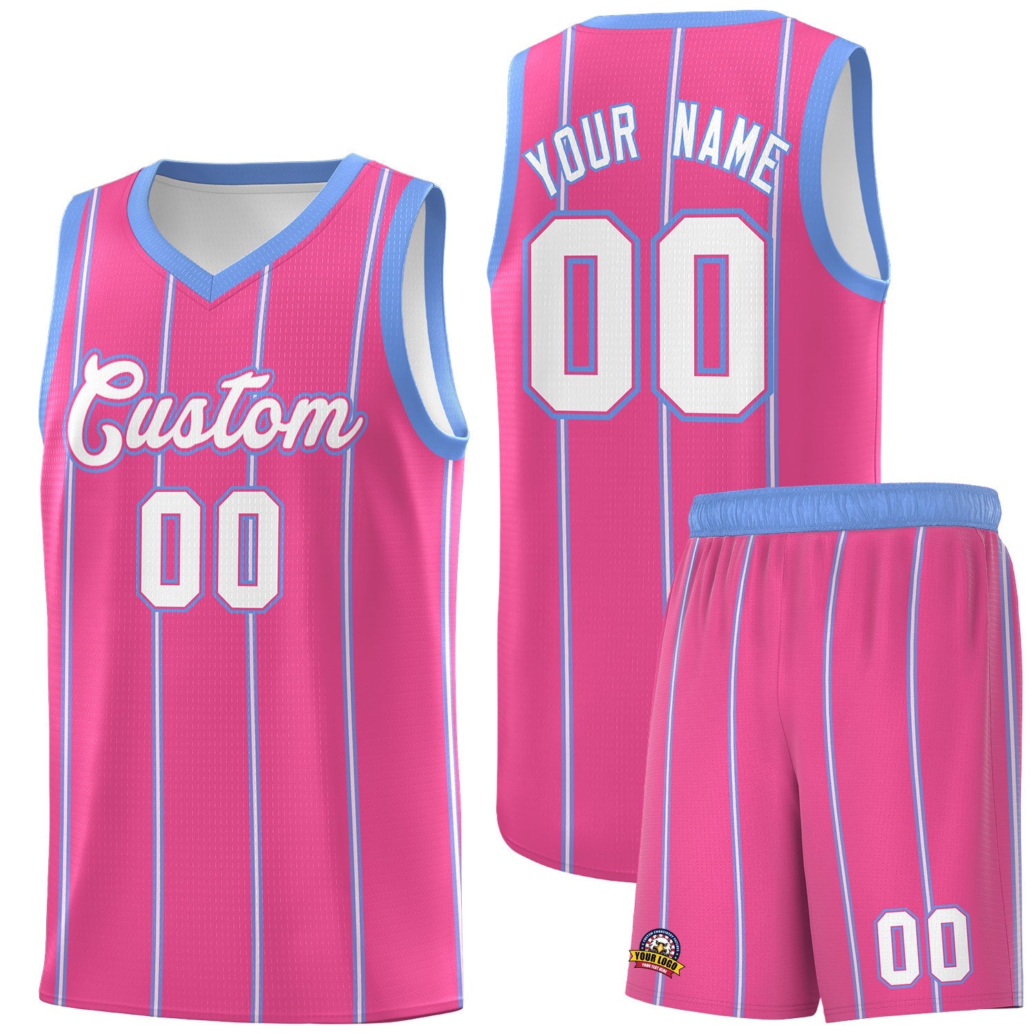Custom Pink Light Blue White Vertical Stripes Single Sided Sets Basketball Jersey | For Men,Stitched,Perfect for Training,Add Name and Numbern | KXKSHOP