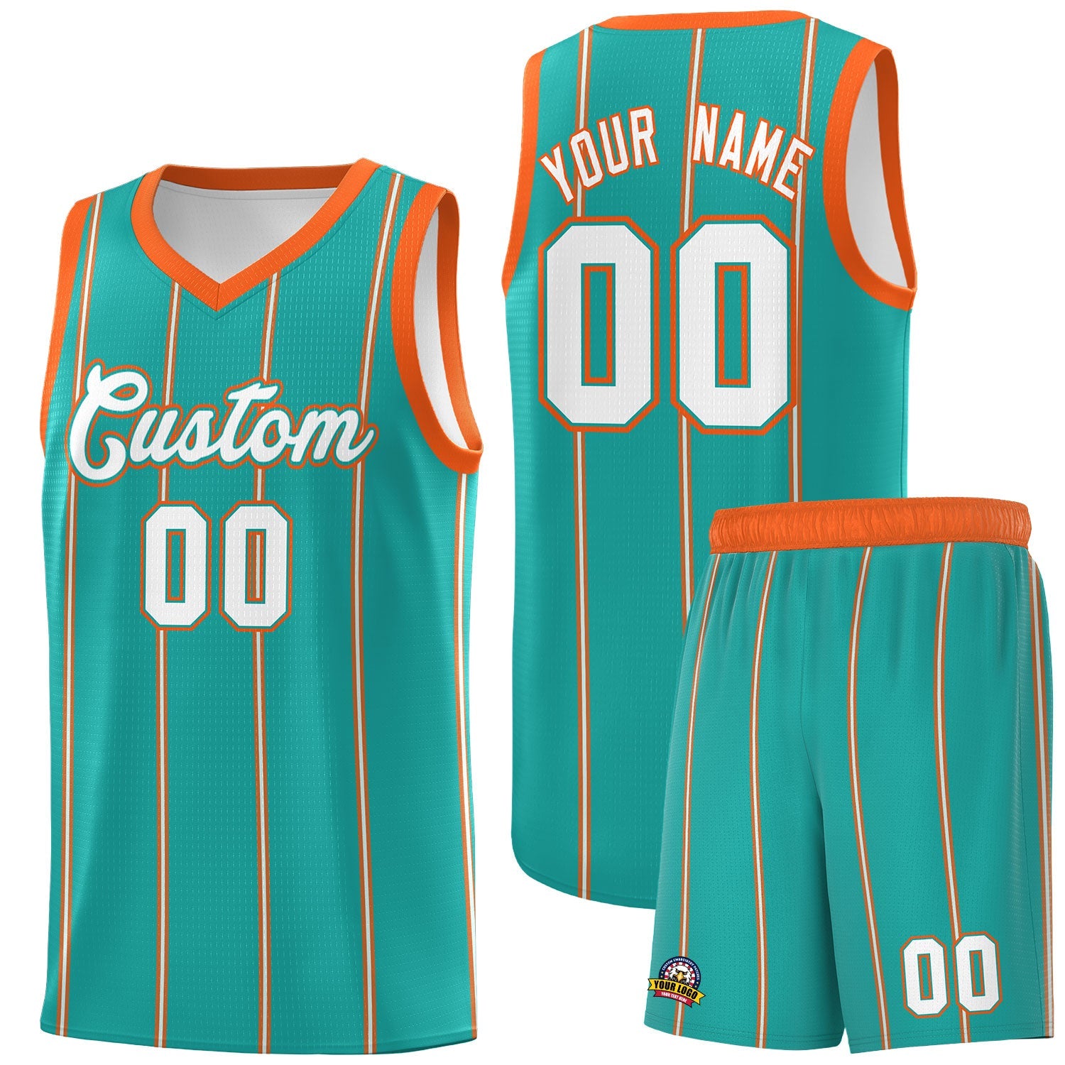 Custom Aqua Orange White Vertical Stripes Single Sided Sets Basketball Jersey | For Men,Stitched,Perfect for Training,Add Name and Numbern | KXKSHOP