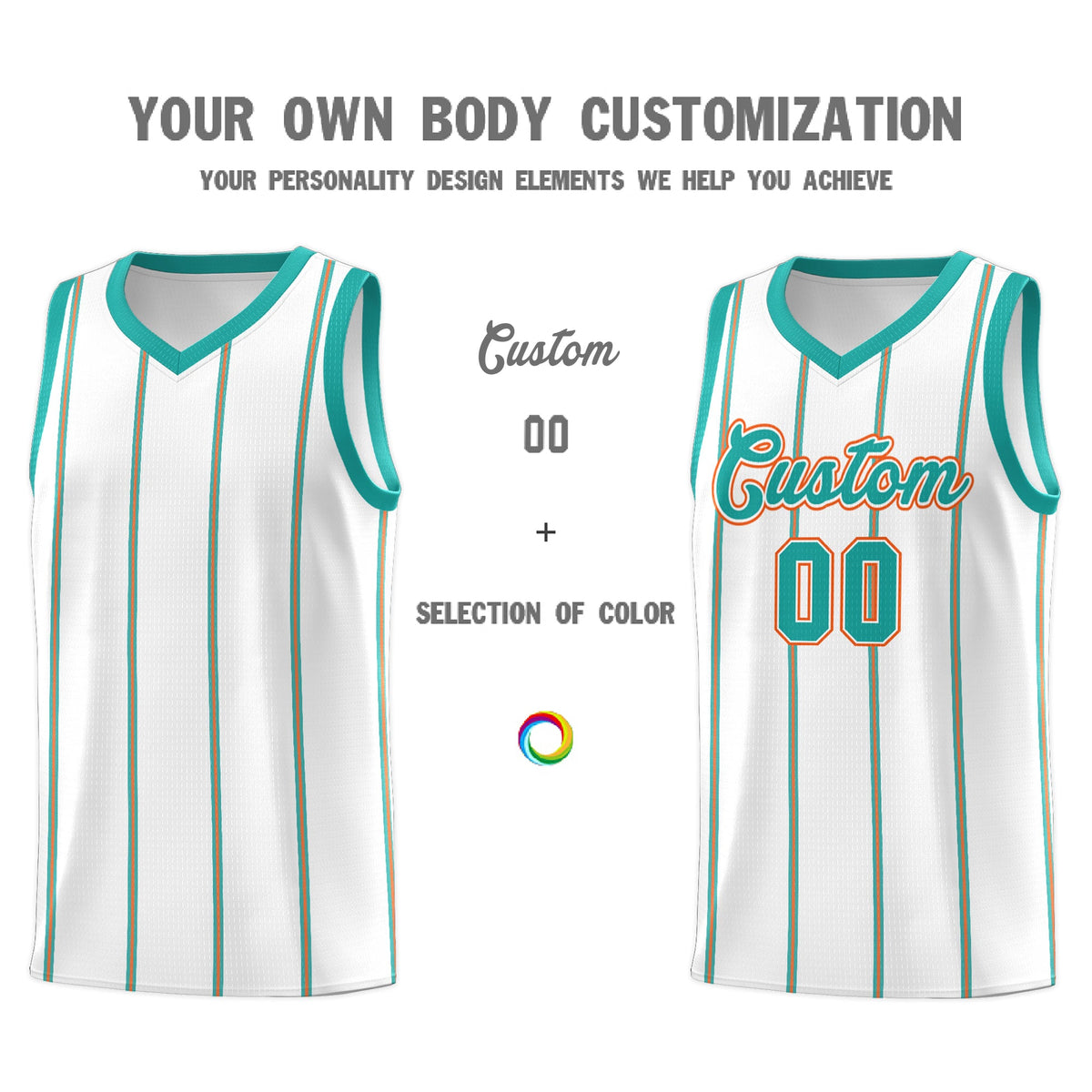Custom White Aqua Orange Vertical Stripes Single Sided Sets Basketball Jersey | For Men,Stitched,Perfect for Training,Add Name and Numbern | KXKSHOP