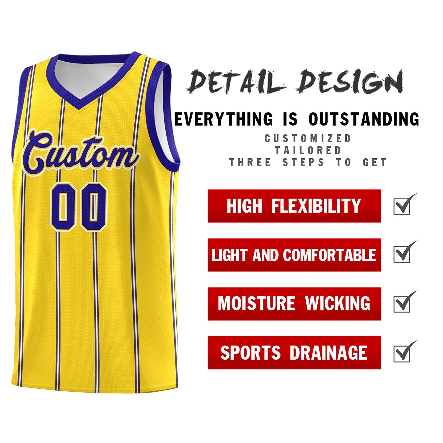 Custom Gold Royal Blue White Vertical Stripes Single Sided Sets Basketball Jersey | For Men,Stitched,Perfect for Training,Add Name and Numbern | KXKSHOP