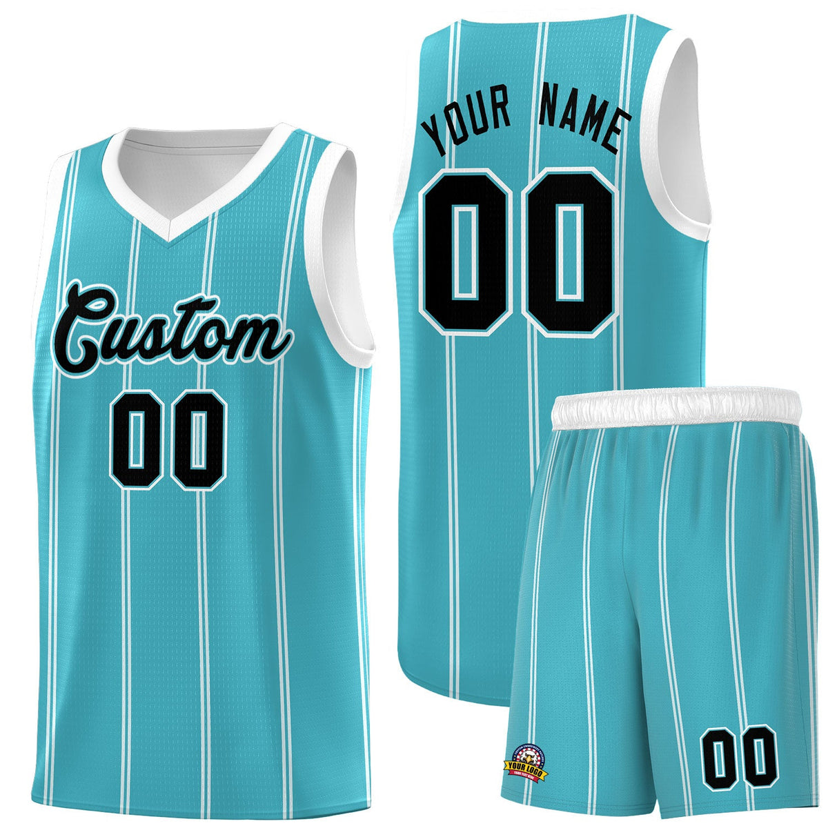 Custom Sky Blue White Black Vertical Stripes Single Sided Sets Basketball Jersey | For Men,Stitched,Perfect for Training,Add Name and Numbern | KXKSHOP