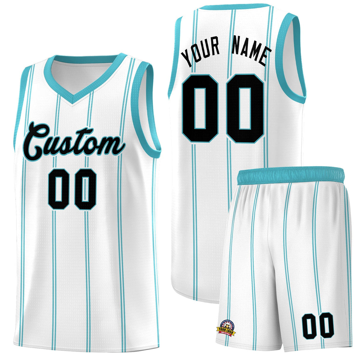Custom White Sky Blue Black Vertical Stripes Single Sided Sets Basketball Jersey | For Men,Stitched,Perfect for Training,Add Name and Numbern | KXKSHOP