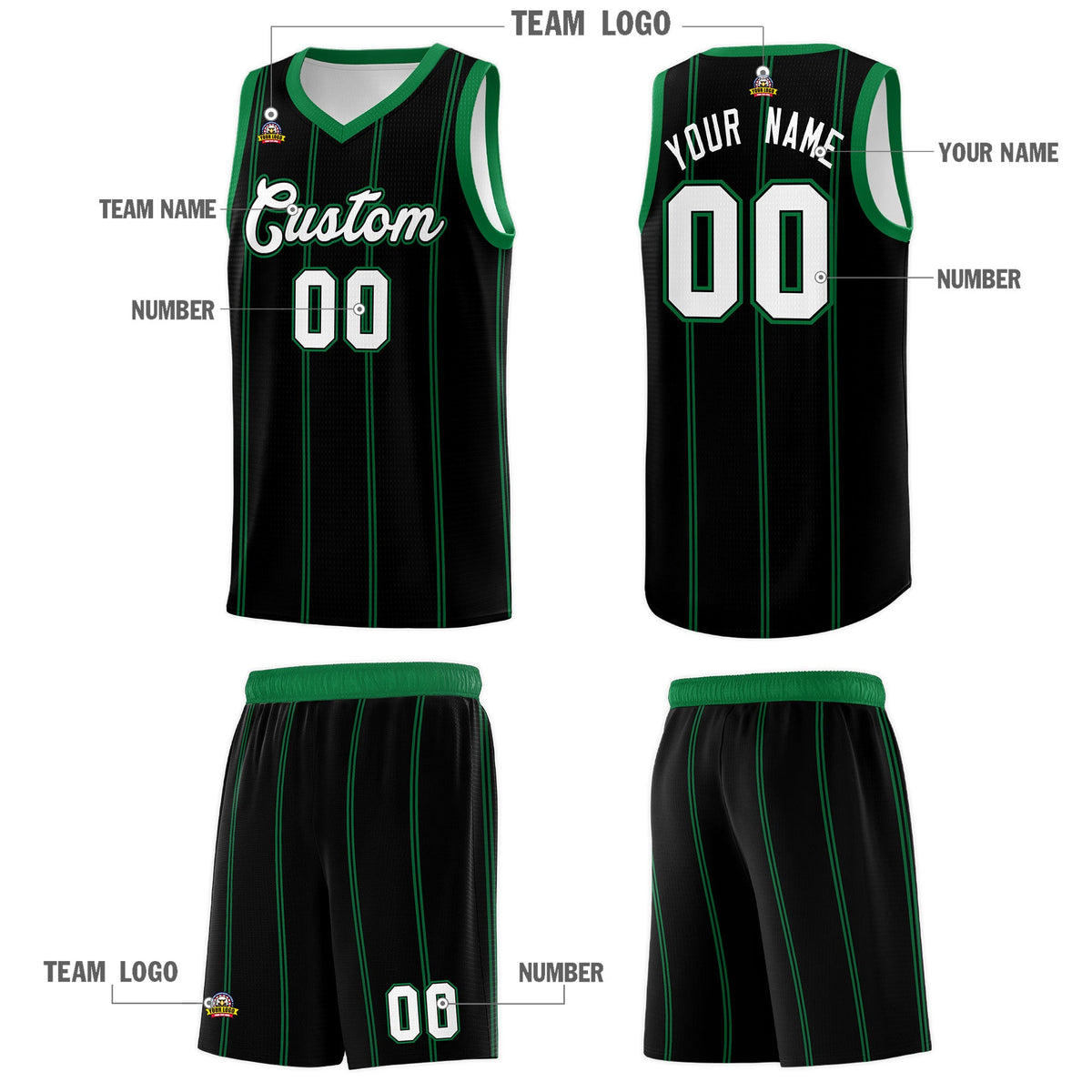 Custom Black Kelly Green White Vertical Stripes Single Sided Sets Basketball Jersey | For Men,Stitched,Perfect for Training,Add Name and Numbern | KXKSHOP