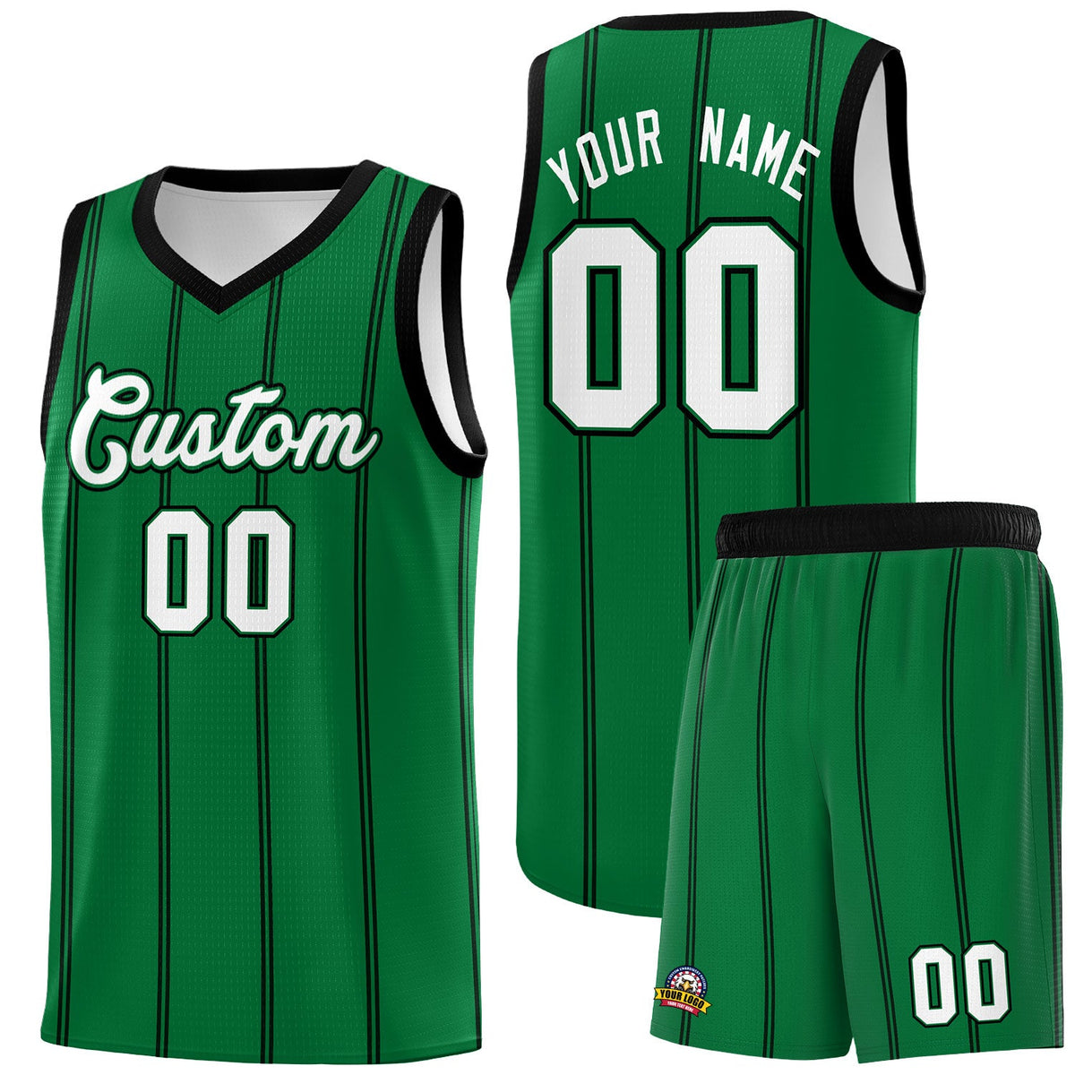 Custom Kelly Green Black White Vertical Stripes Single Sided Sets Basketball Jersey | For Men,Stitched,Perfect for Training,Add Name and Numbern | KXKSHOP