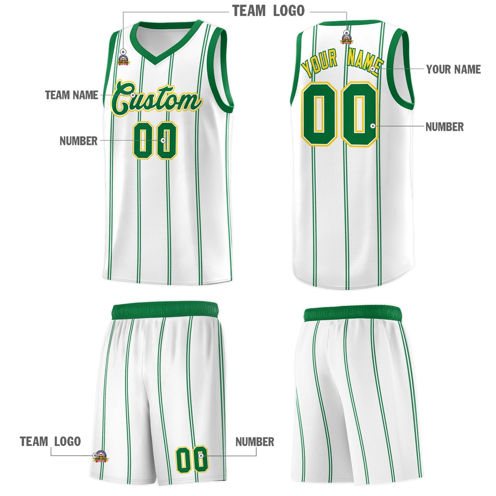 Custom White Kelly Green Gold Vertical Stripes Single Sided Sets Basketball Jersey | For Men,Stitched,Perfect for Training,Add Name and Numbern | KXKSHOP