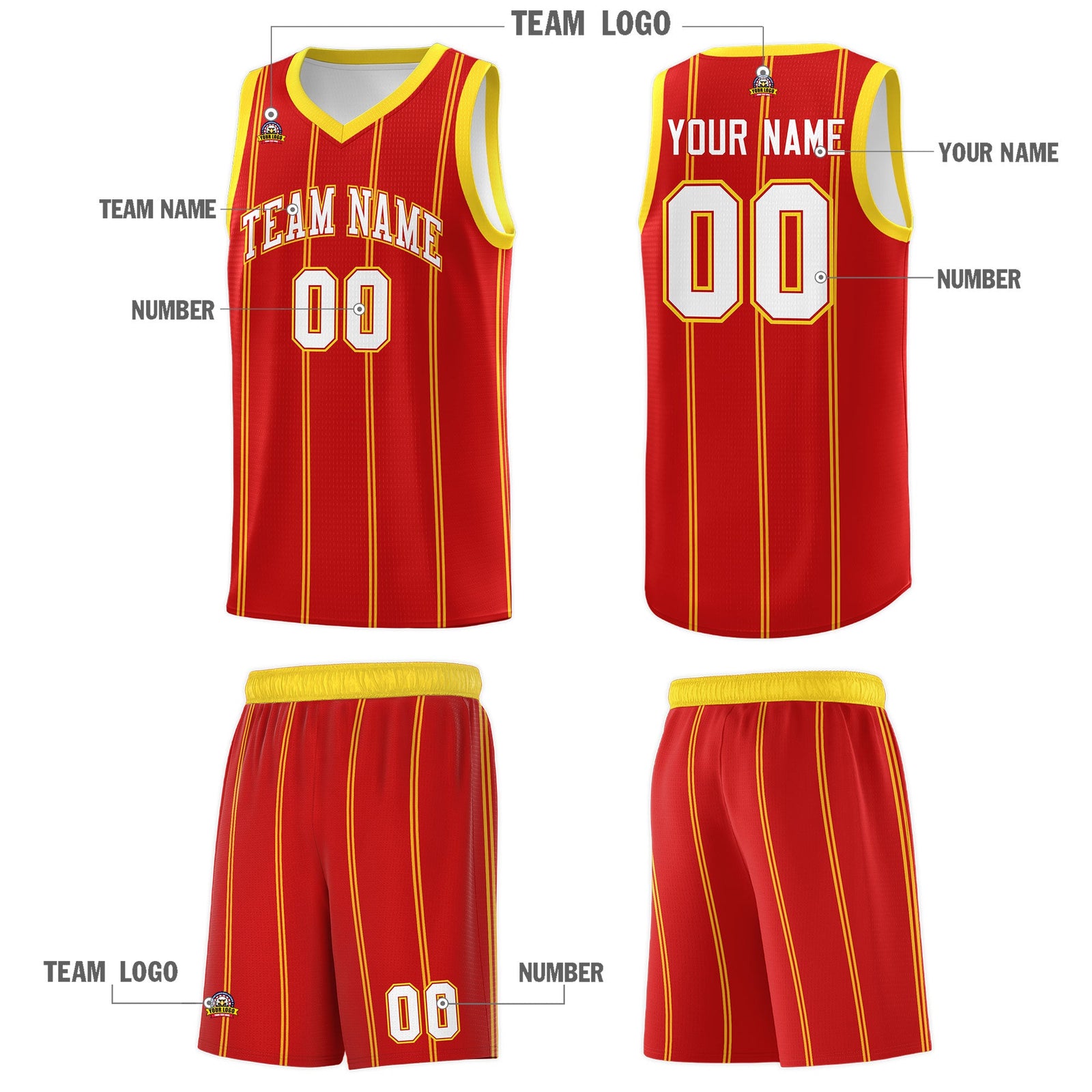 Custom Red Gold White Vertical Stripes Single Sided Sets Basketball Jersey | For Men,Stitched,Perfect for Training,Add Name and Numbern | KXKSHOP