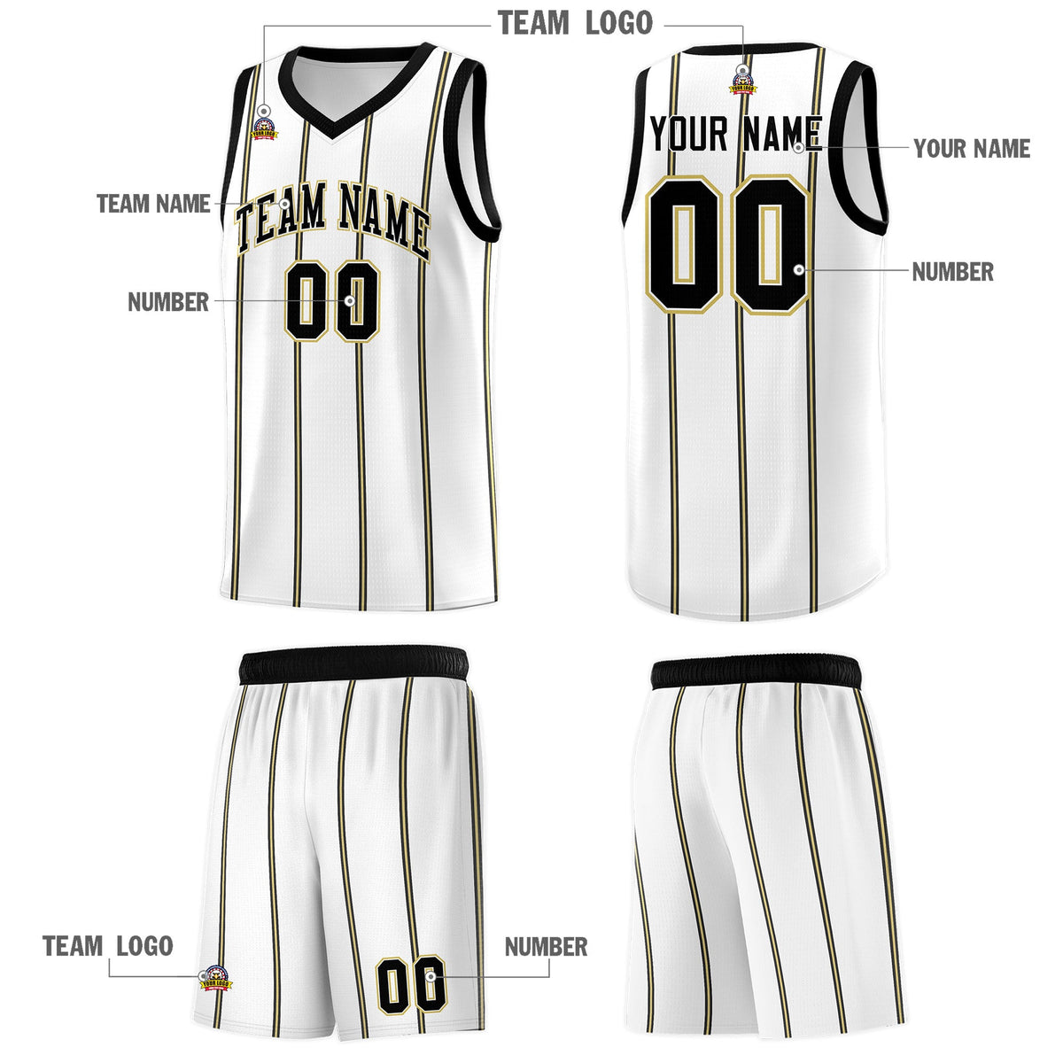 Custom White Black Old Gold Vertical Stripes Single Sided Sets Basketball Jersey | For Men,Stitched,Perfect for Training,Add Name and Numbern | KXKSHOP