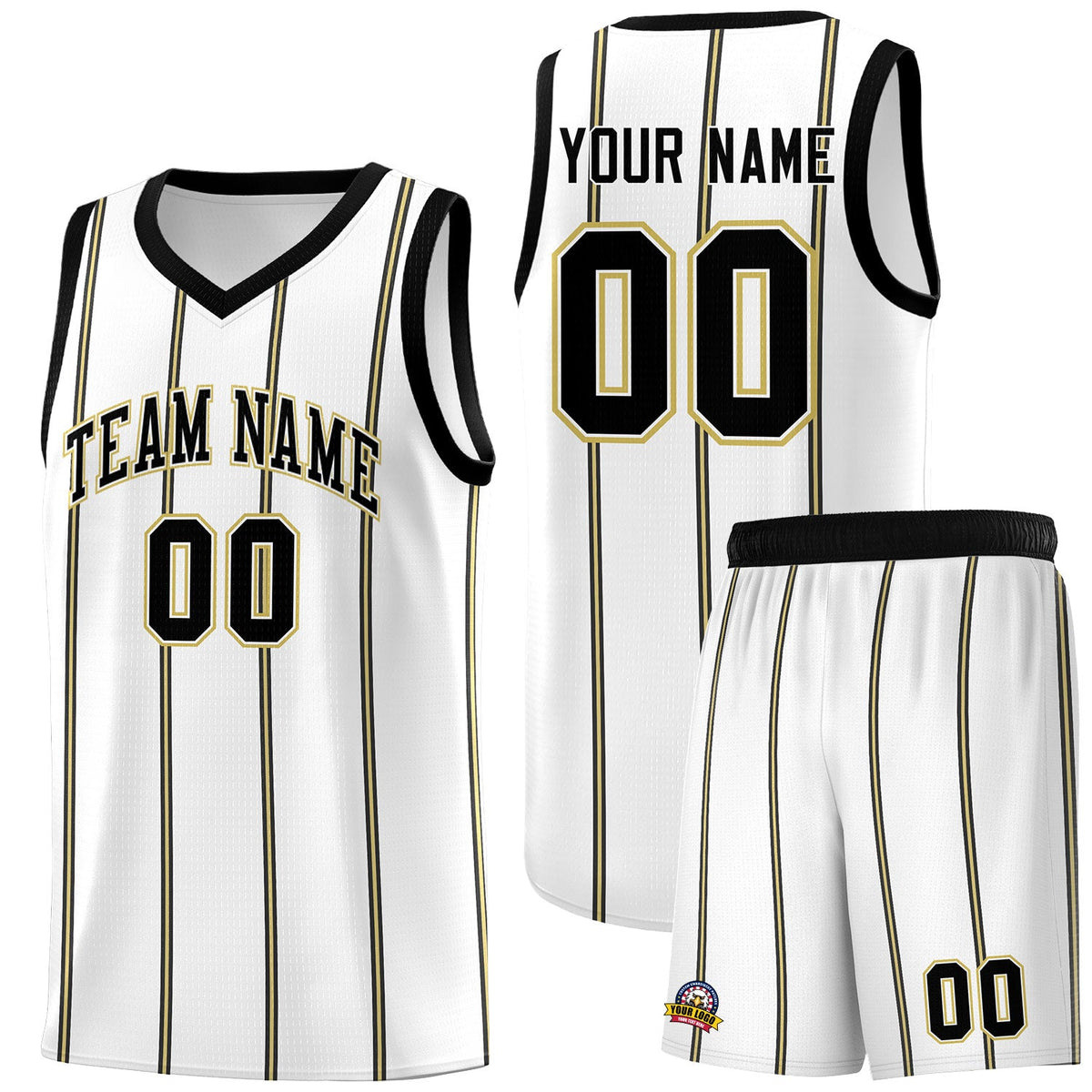 Custom White Black Old Gold Vertical Stripes Single Sided Sets Basketball Jersey | For Men,Stitched,Perfect for Training,Add Name and Numbern | KXKSHOP