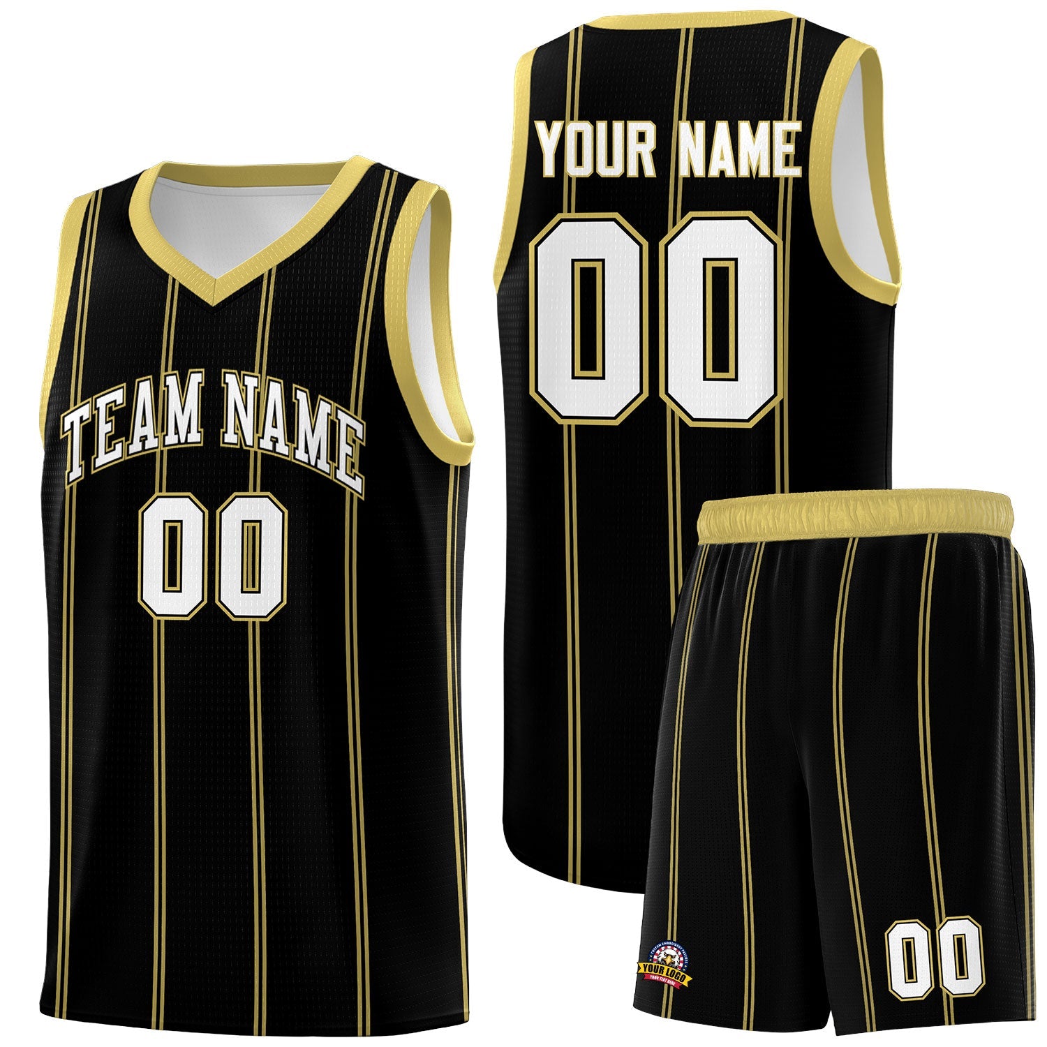 Custom Black Old Gold White Vertical Stripes Single Sided Sets Basketball Jersey | For Men,Stitched,Perfect for Training,Add Name and Numbern | KXKSHOP