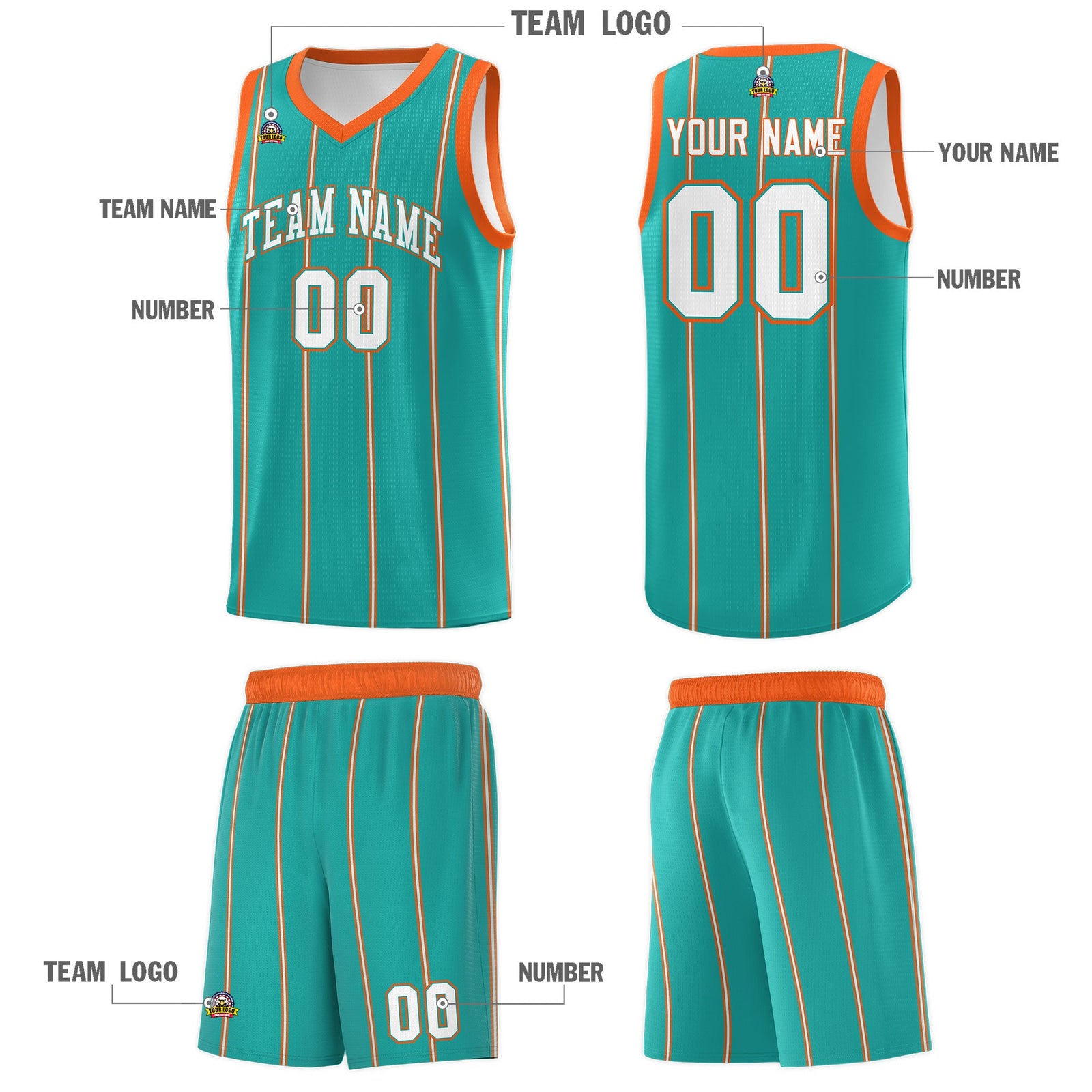 Custom Aqua Orange White Vertical Stripes Single Sided Sets Basketball Jersey | For Men,Stitched,Perfect for Training,Add Name and Numbern | KXKSHOP