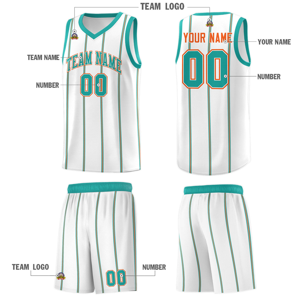 Custom White Aqua Orange Vertical Stripes Single Sided Sets Basketball Jersey | For Men,Stitched,Perfect for Training,Add Name and Numbern | KXKSHOP