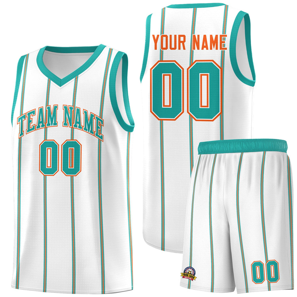 Custom White Aqua Orange Vertical Stripes Single Sided Sets Basketball Jersey | For Men,Stitched,Perfect for Training,Add Name and Numbern | KXKSHOP