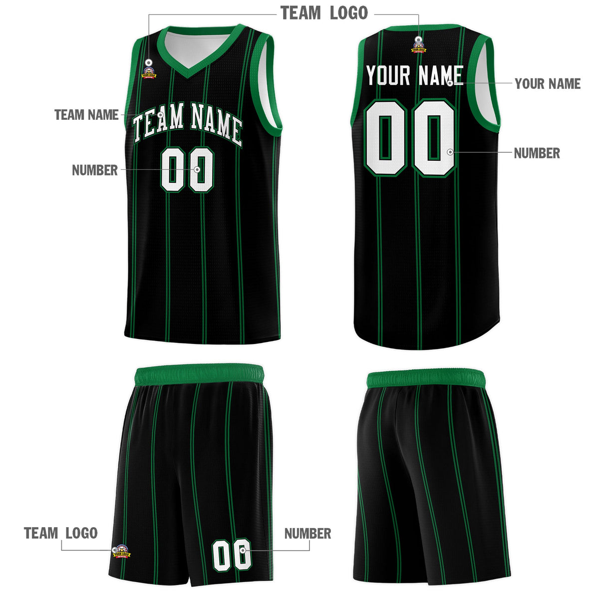 Custom Black Kelly Green White Vertical Stripes Single Sided Sets Basketball Jersey | For Men,Stitched,Perfect for Training,Add Name and Numbern | KXKSHOP