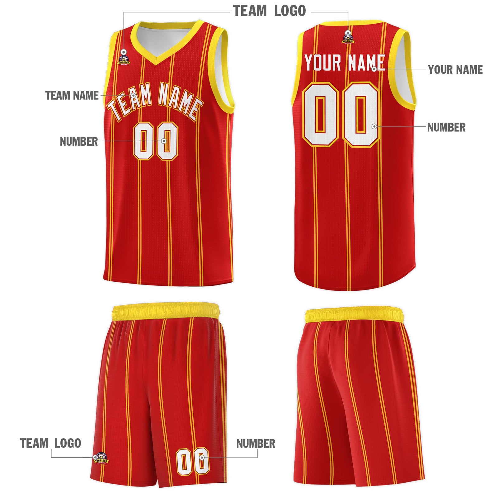 Custom Red Gold White Vertical Stripes Single Sided Sets Basketball Jersey | For Men,Stitched,Perfect for Training,Add Name and Numbern | KXKSHOP