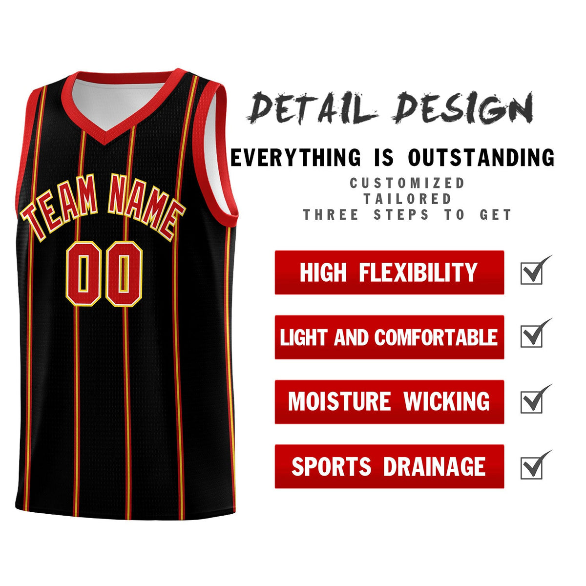 Custom Black Red White Gold Vertical Stripes Single Sided Sets Basketball Jersey | For Men,Stitched,Perfect for Training,Add Name and Numbern | KXKSHOP