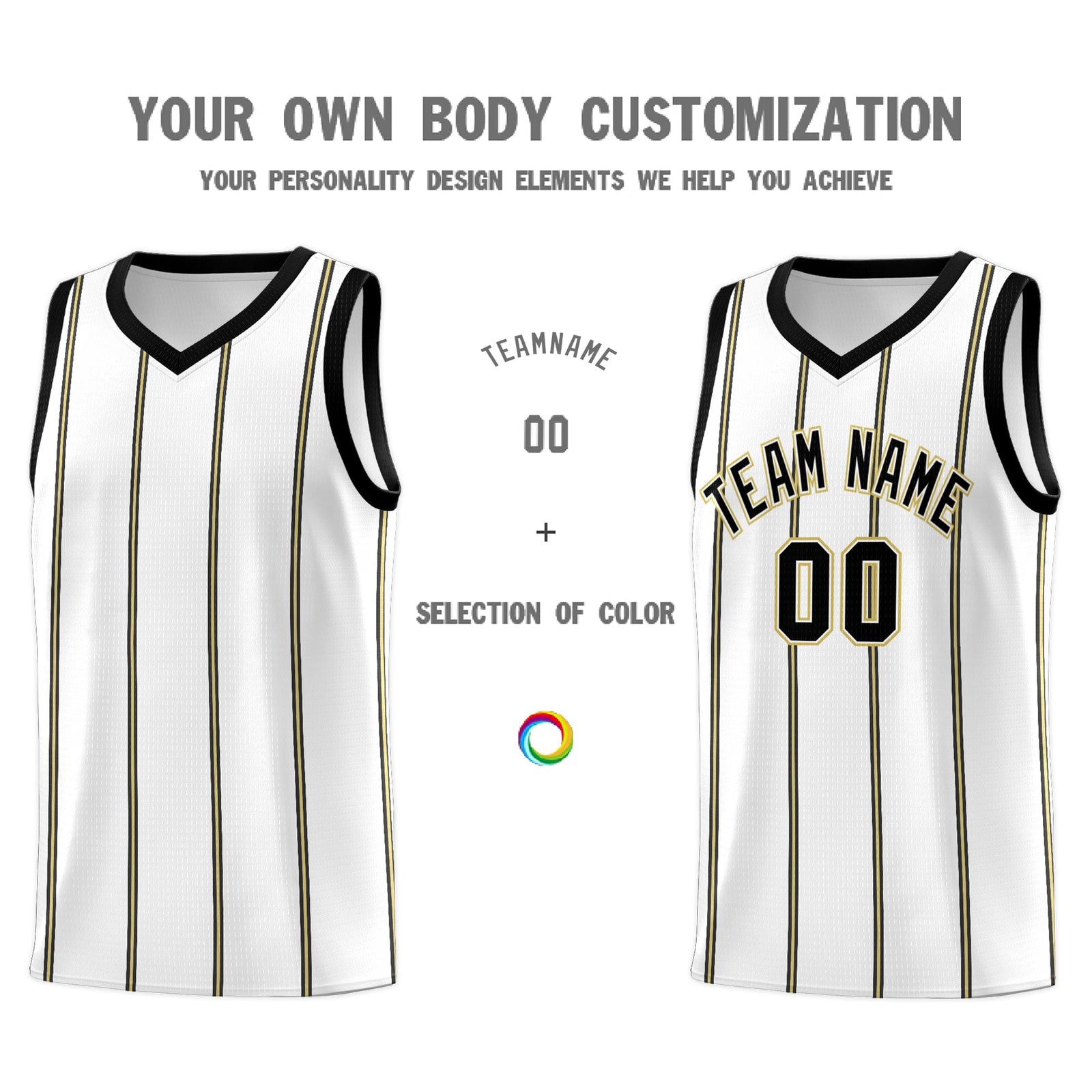 Custom White Black Old Gold Vertical Stripes Single Sided Sets Basketball Jersey | For Men,Stitched,Perfect for Training,Add Name and Numbern | KXKSHOP