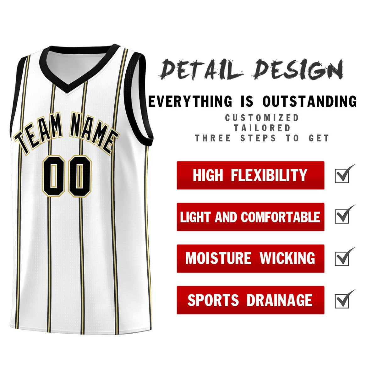Custom White Black Old Gold Vertical Stripes Single Sided Sets Basketball Jersey | For Men,Stitched,Perfect for Training,Add Name and Numbern | KXKSHOP