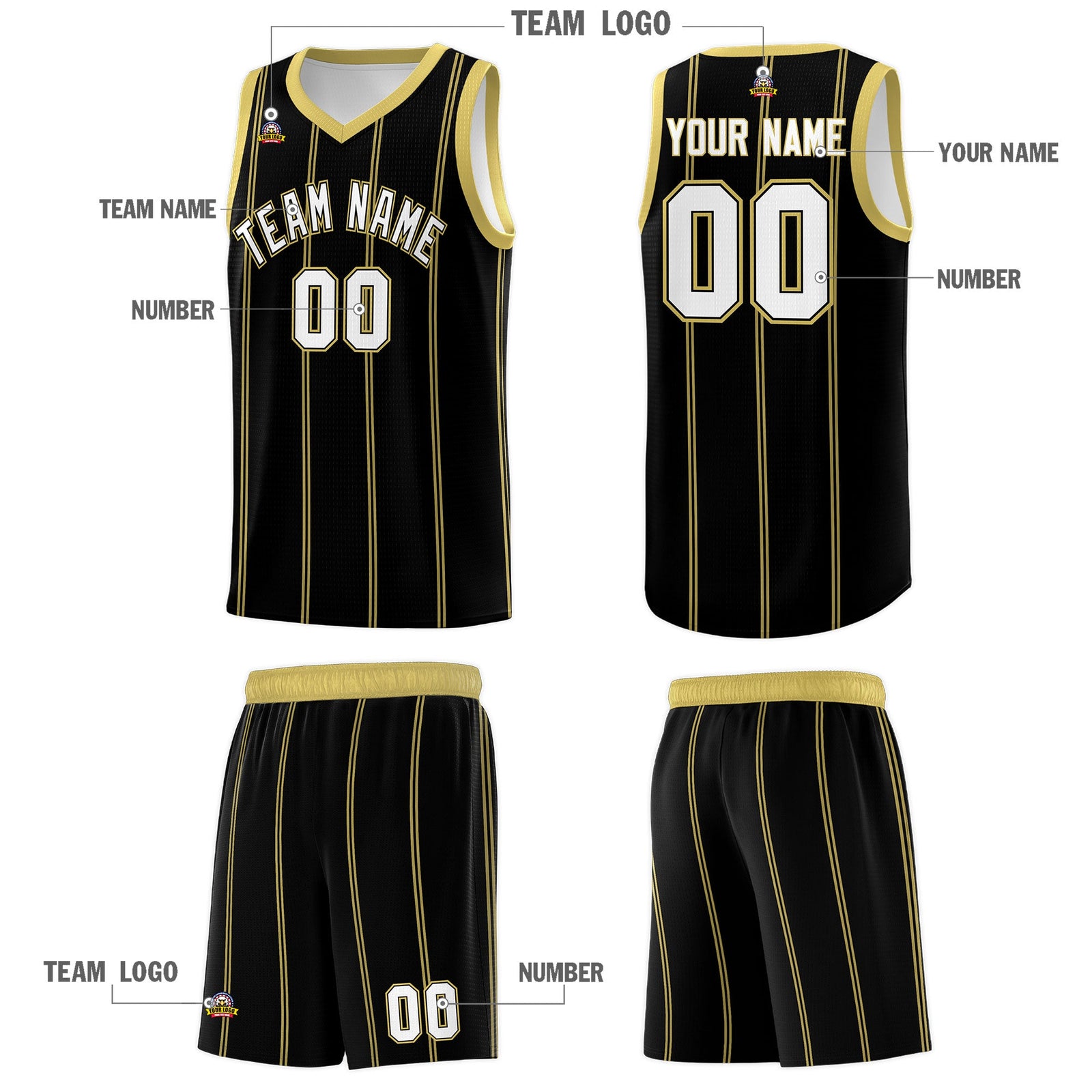 Custom Black Old Gold White Vertical Stripes Single Sided Sets Basketball Jersey | For Men,Stitched,Perfect for Training,Add Name and Numbern | KXKSHOP