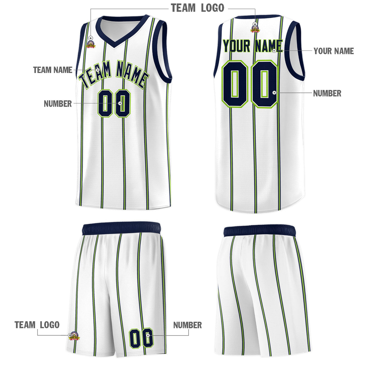 Custom White Navy Neon Green Vertical Stripes Single Sided Sets Basketball Jersey | For Men,Stitched,Perfect for Training,Add Name and Numbern | KXKSHOP