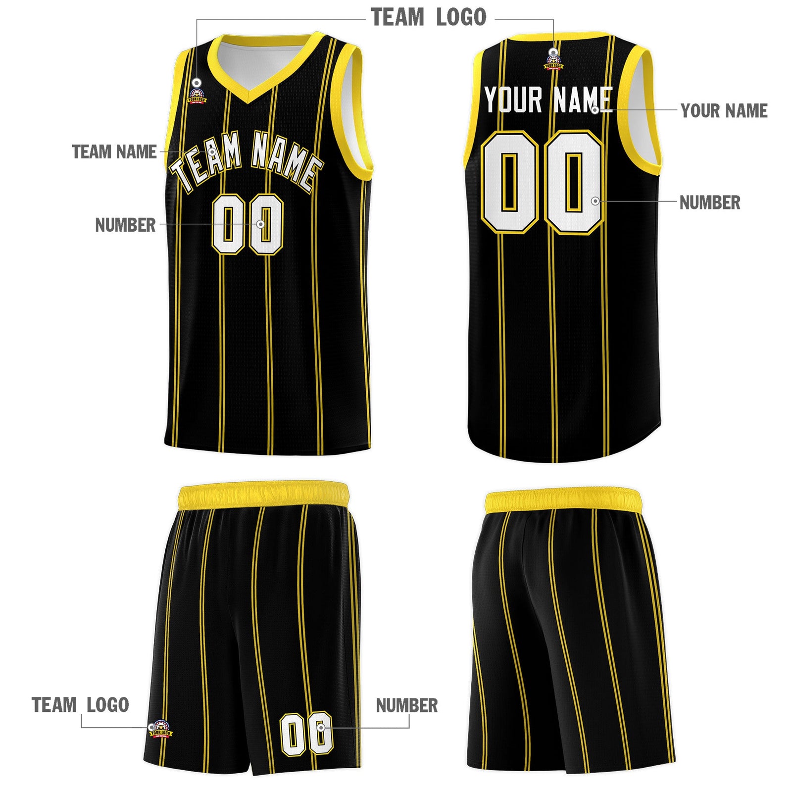 Custom Black Gold White Vertical Stripes Single Sided Sets Basketball Jersey | For Men,Stitched,Perfect for Training,Add Name and Numbern | KXKSHOP