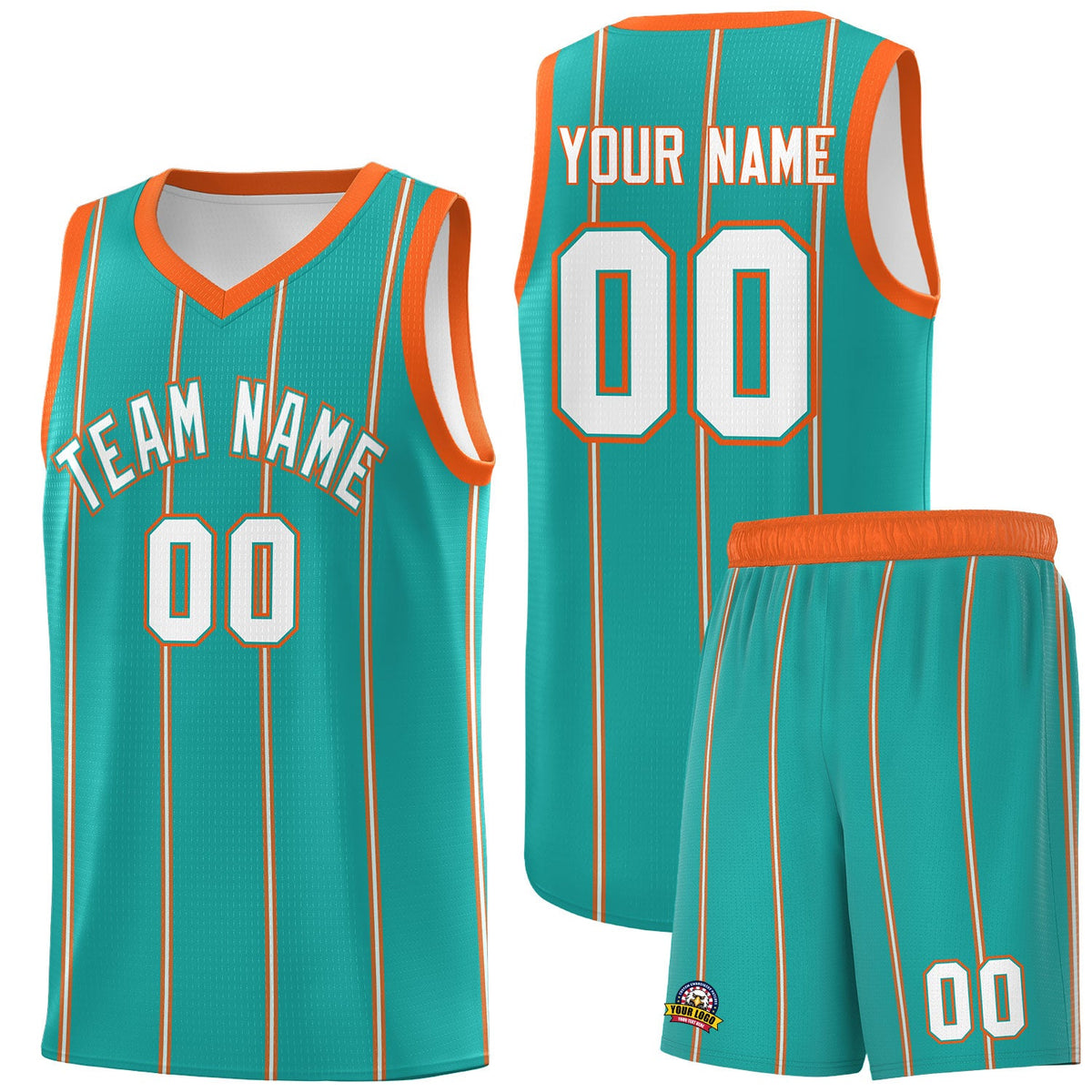 Custom Aqua Orange White Vertical Stripes Single Sided Sets Basketball Jersey | For Men,Stitched,Perfect for Training,Add Name and Numbern | KXKSHOP