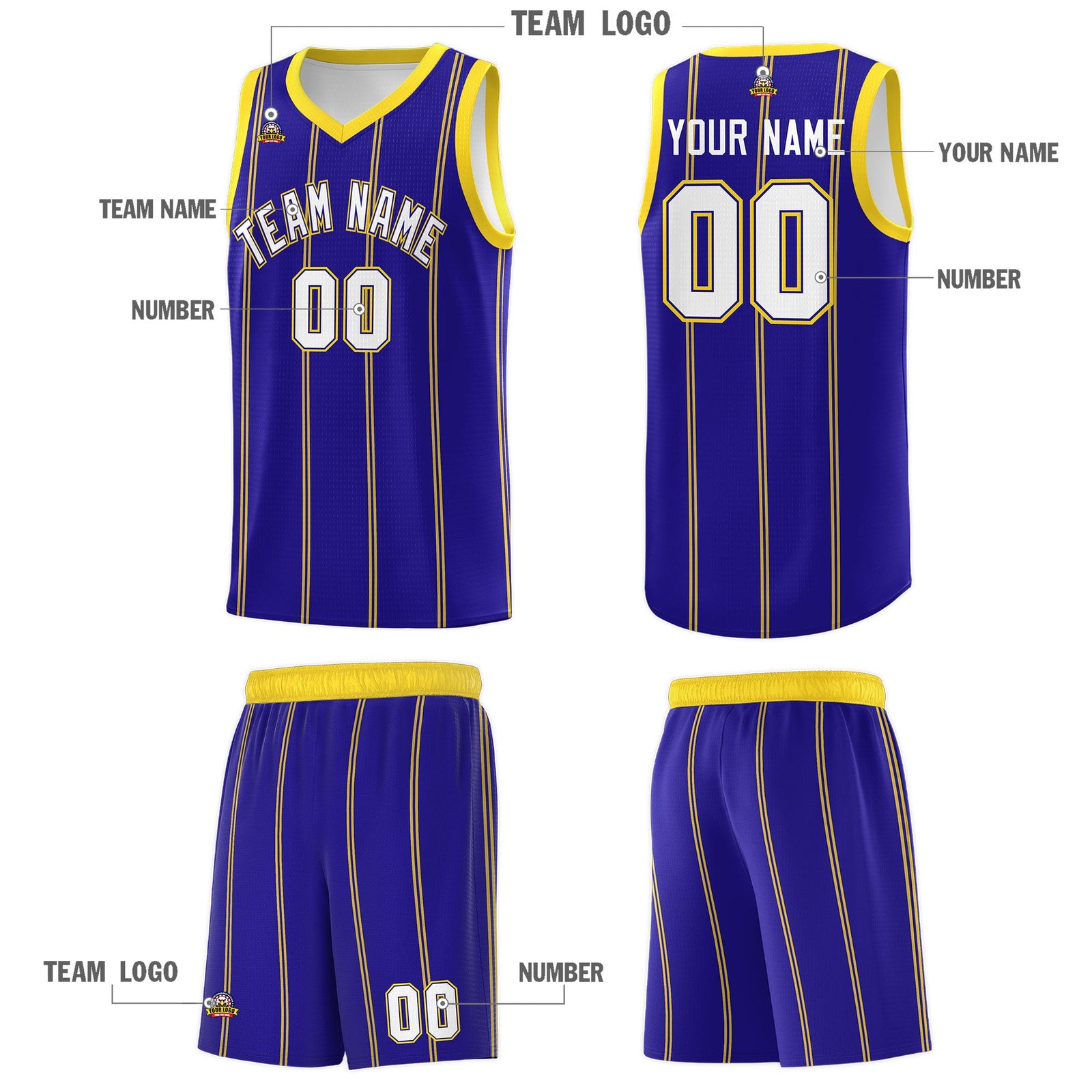 Custom Royal Blue Gold White Vertical Stripes Single Sided Sets Basketball Jersey | For Men,Stitched,Perfect for Training,Add Name and Numbern | KXKSHOP