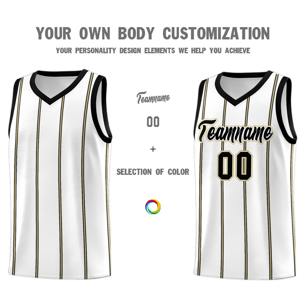 Custom White Black Old Gold Vertical Stripes Single Sided Sets Basketball Jersey | For Men,Stitched,Perfect for Training,Add Name and Numbern | KXKSHOP