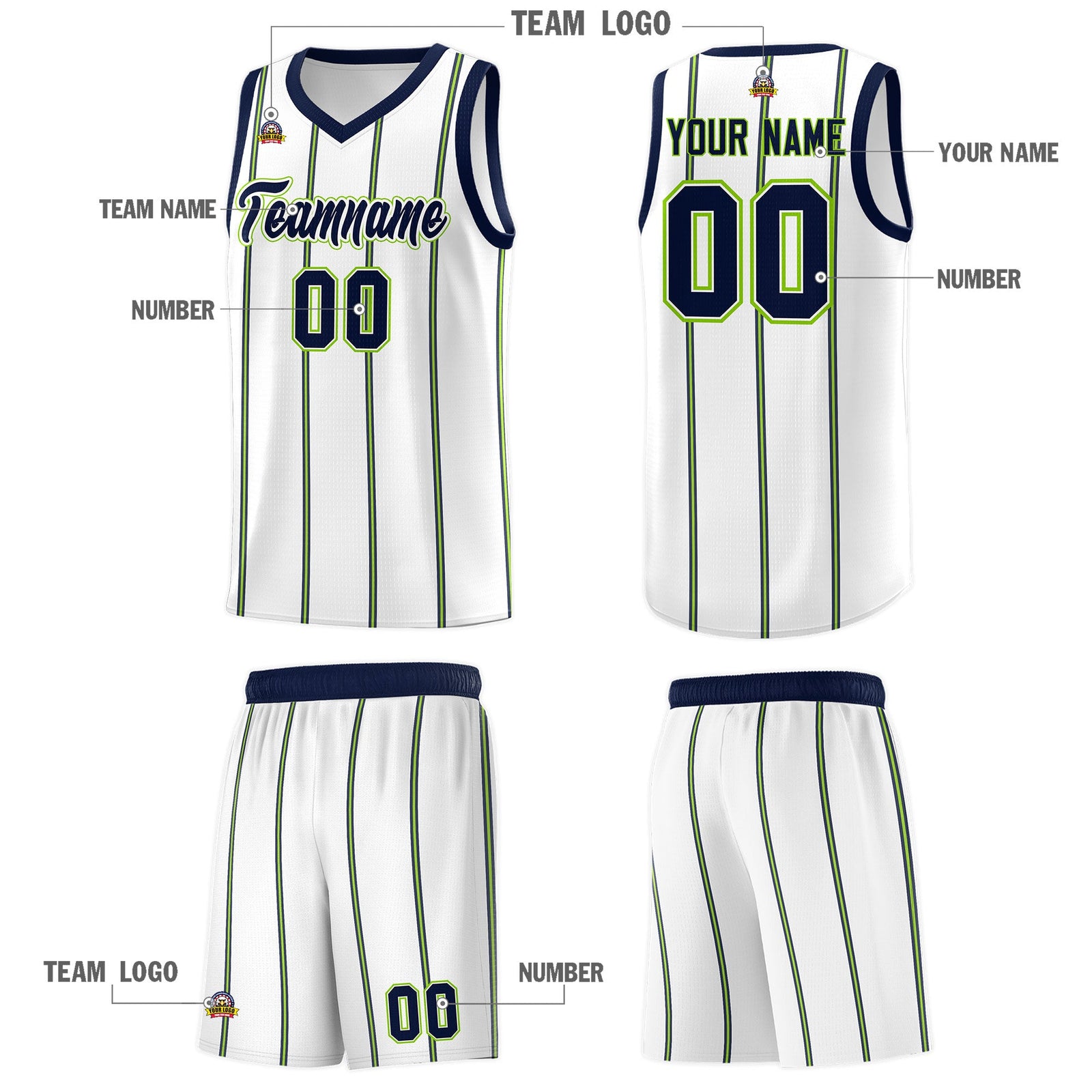 Custom White Navy Neon Green Vertical Stripes Single Sided Sets Basketball Jersey | For Men,Stitched,Perfect for Training,Add Name and Numbern | KXKSHOP