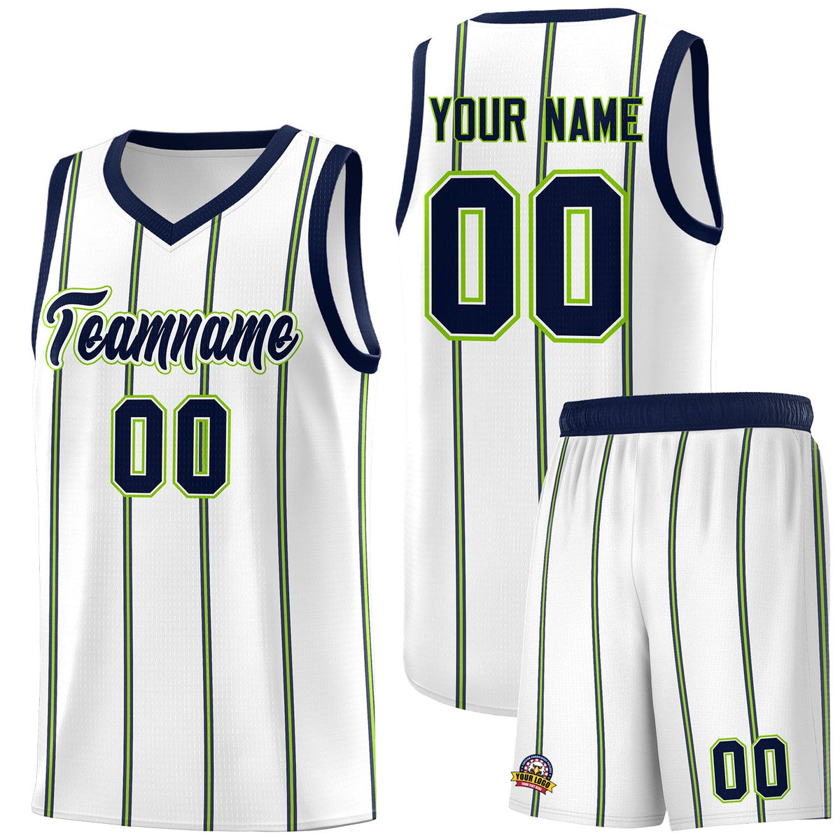 Custom White Navy Neon Green Vertical Stripes Single Sided Sets Basketball Jersey | For Men,Stitched,Perfect for Training,Add Name and Numbern | KXKSHOP