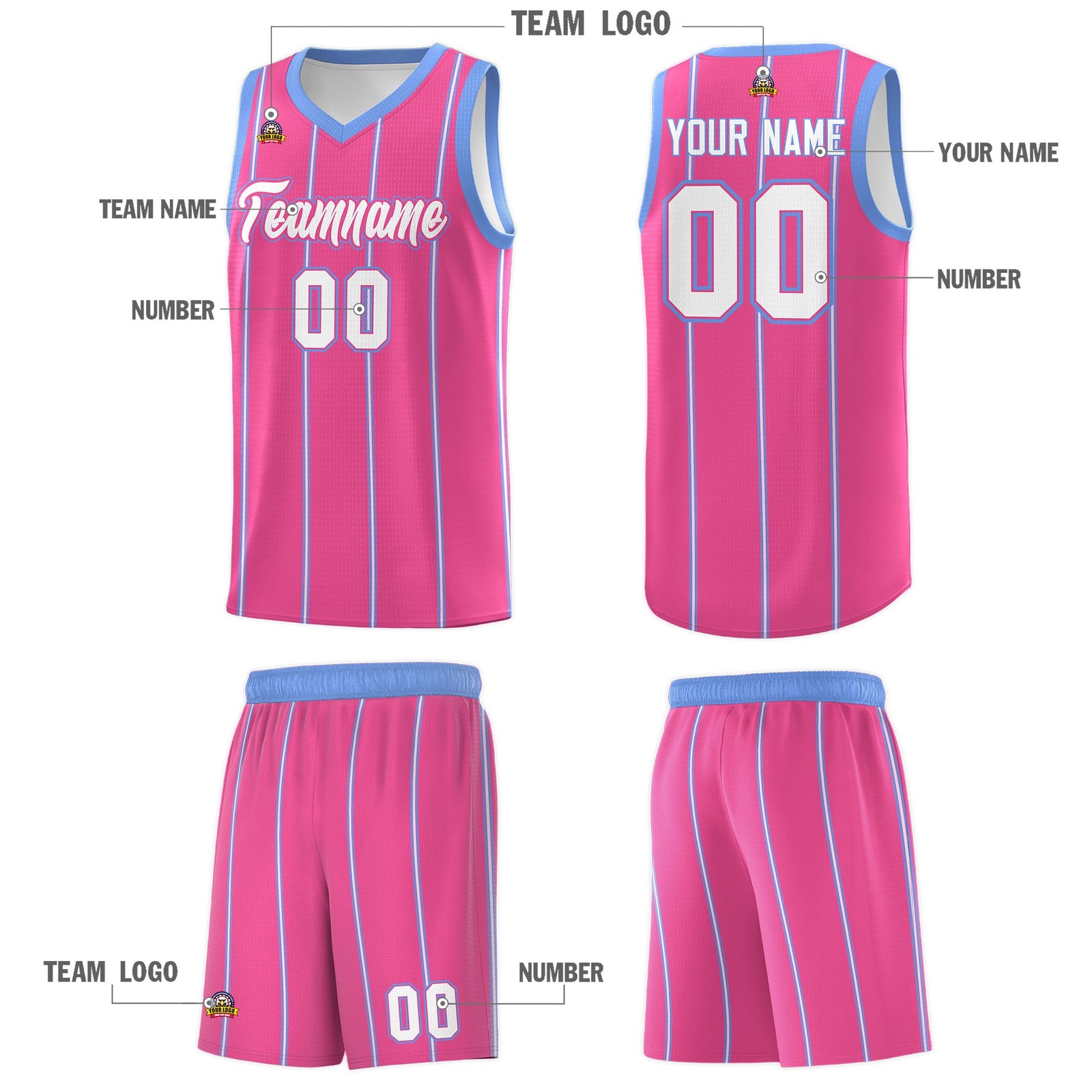 Custom Pink Light Blue White Vertical Stripes Single Sided Sets Basketball Jersey | For Men,Stitched,Perfect for Training,Add Name and Numbern | KXKSHOP