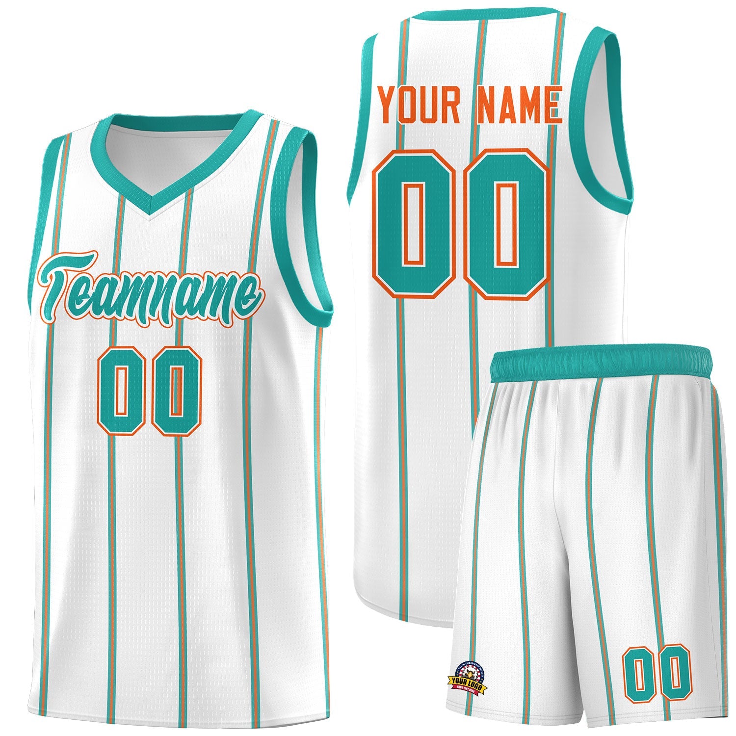 Custom White Aqua Orange Vertical Stripes Single Sided Sets Basketball Jersey | For Men,Stitched,Perfect for Training,Add Name and Numbern | KXKSHOP