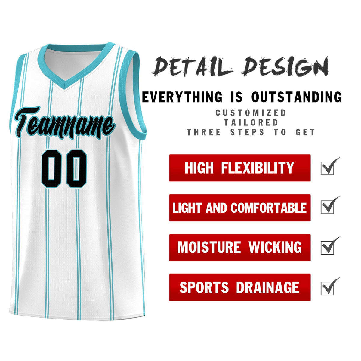 Custom White Sky Blue Black Vertical Stripes Single Sided Sets Basketball Jersey | For Men,Stitched,Perfect for Training,Add Name and Numbern | KXKSHOP